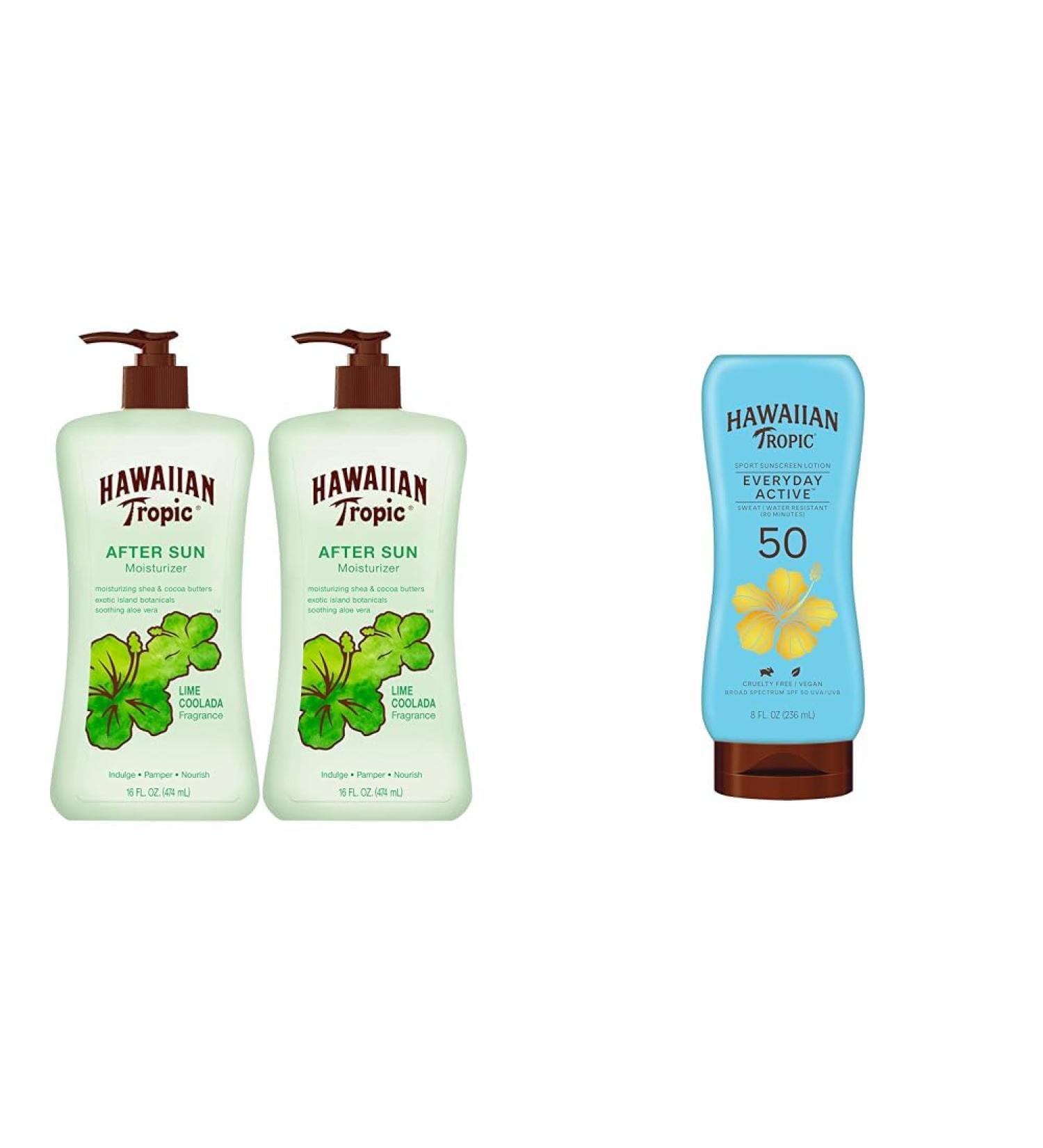 Hawaiian Tropic After Sun Lotion Twin Pack 16oz each & Everyday Active Sunscreen Lotion SPF 50 8oz - Buy Online on GoSupps.com