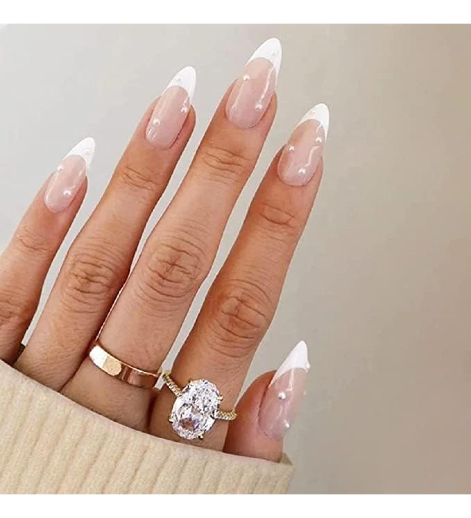LADYING 24 Pcs Pearls Almond Short False Nails - White French Press on Nails Designs with Nail Glue - Trendy Oval Stick on Nails for Women - Buy Online on GoSupps.com
