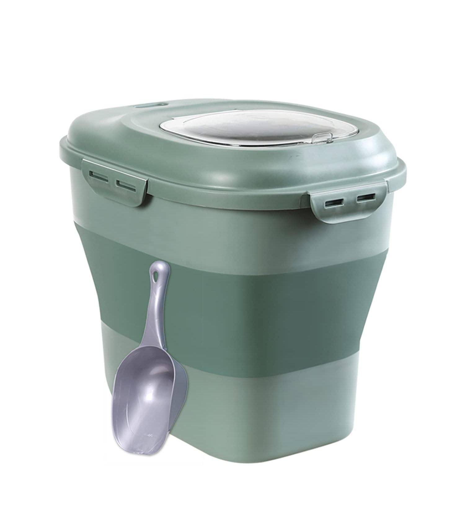 Foldable 30lb Capacity Dog Food Storage Container with Scoop Lid - Airtight Large Plastic Bin for Pet Food, Cat Food, Fish Food, Bird Seed - 50lb Grain and Rice Holder - Green - Buy Online on GoSupps.com
