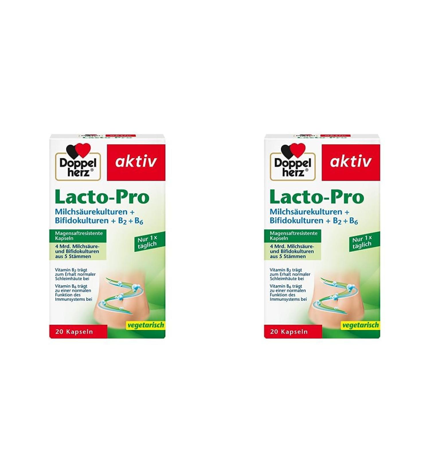 Double Heart Lacto-Pro: 20 Vegetarian Capsules with Bifidobacteria & Vitamins B2 & B6 for Immune Support - 2 Pack - Buy Online on GoSupps.com