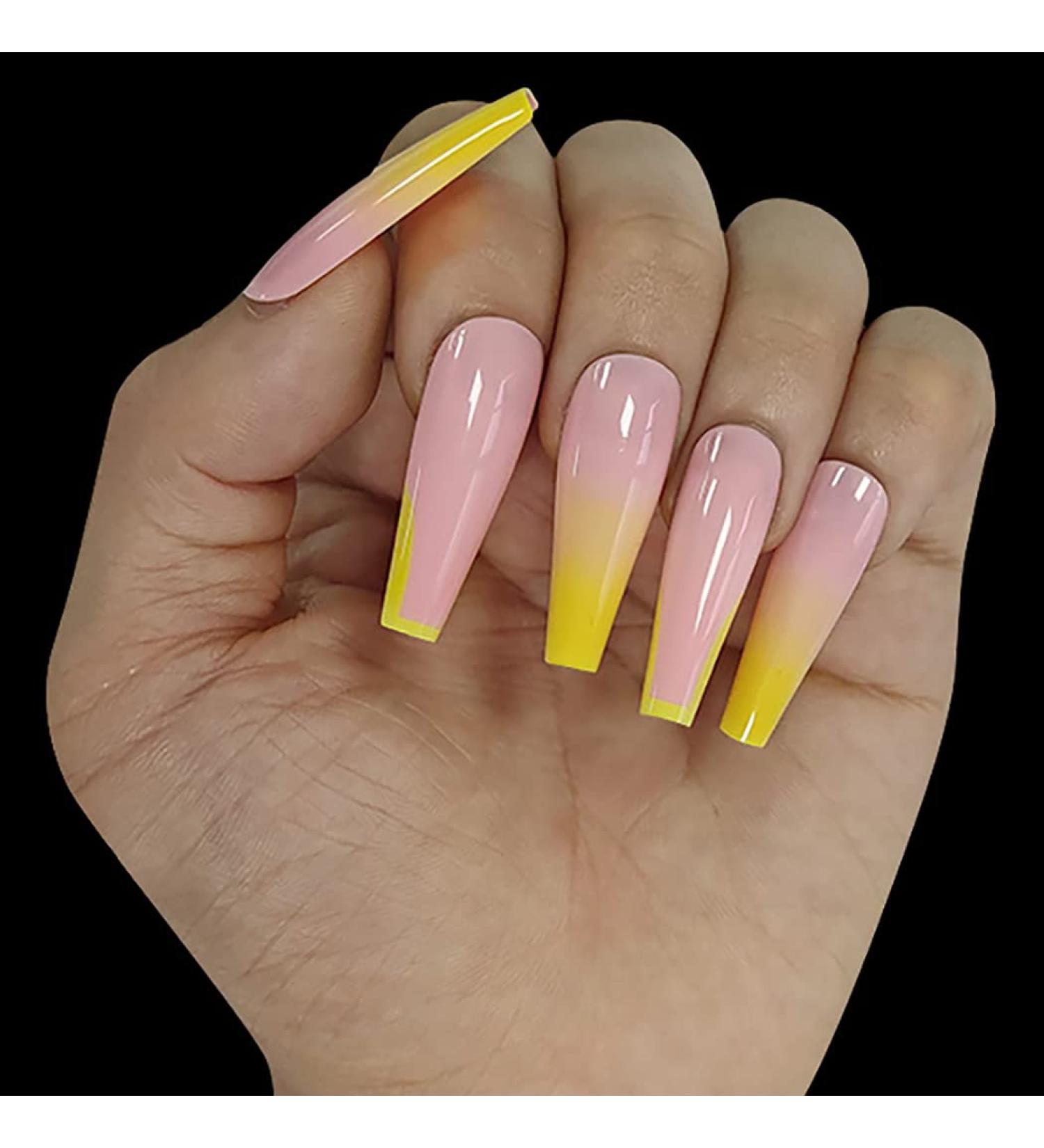 Sethexy Long Shiny Ballerina False Fingernails - French Coffin Acrylic Nail Tips (24pcs) - Yellow Complete Cover Press On Nails with Glue for Women & Girls - Buy Online on GoSupps.com
