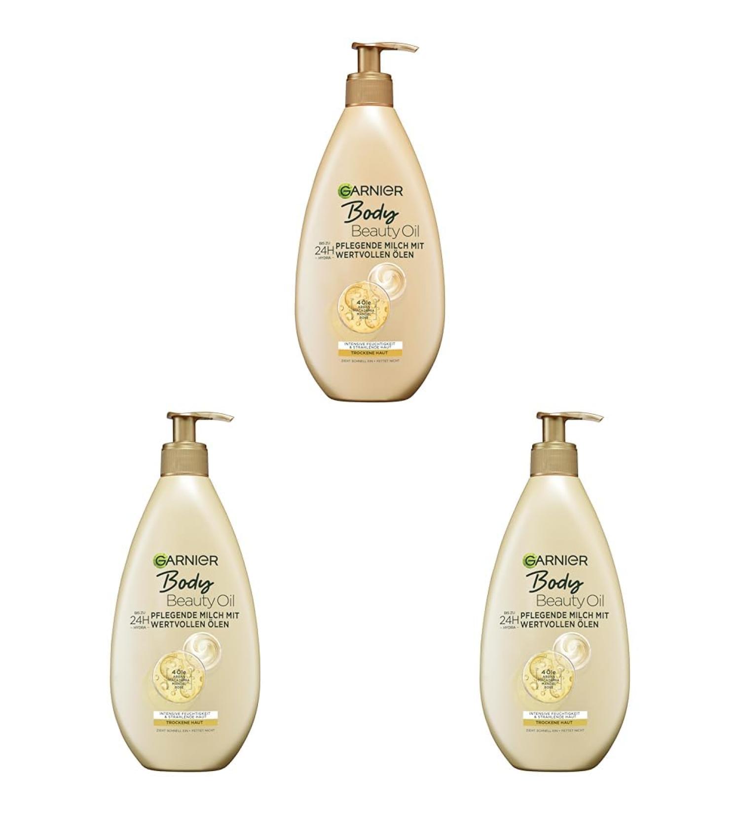 Garnier Nourishing Oil Milk & Body Oil - 4 Oils: Argan Macadamia Almond Rose - 3 Pack (400ml) | Non-Greasy Hydration for Dry Skin - Buy Online on GoSupps.com