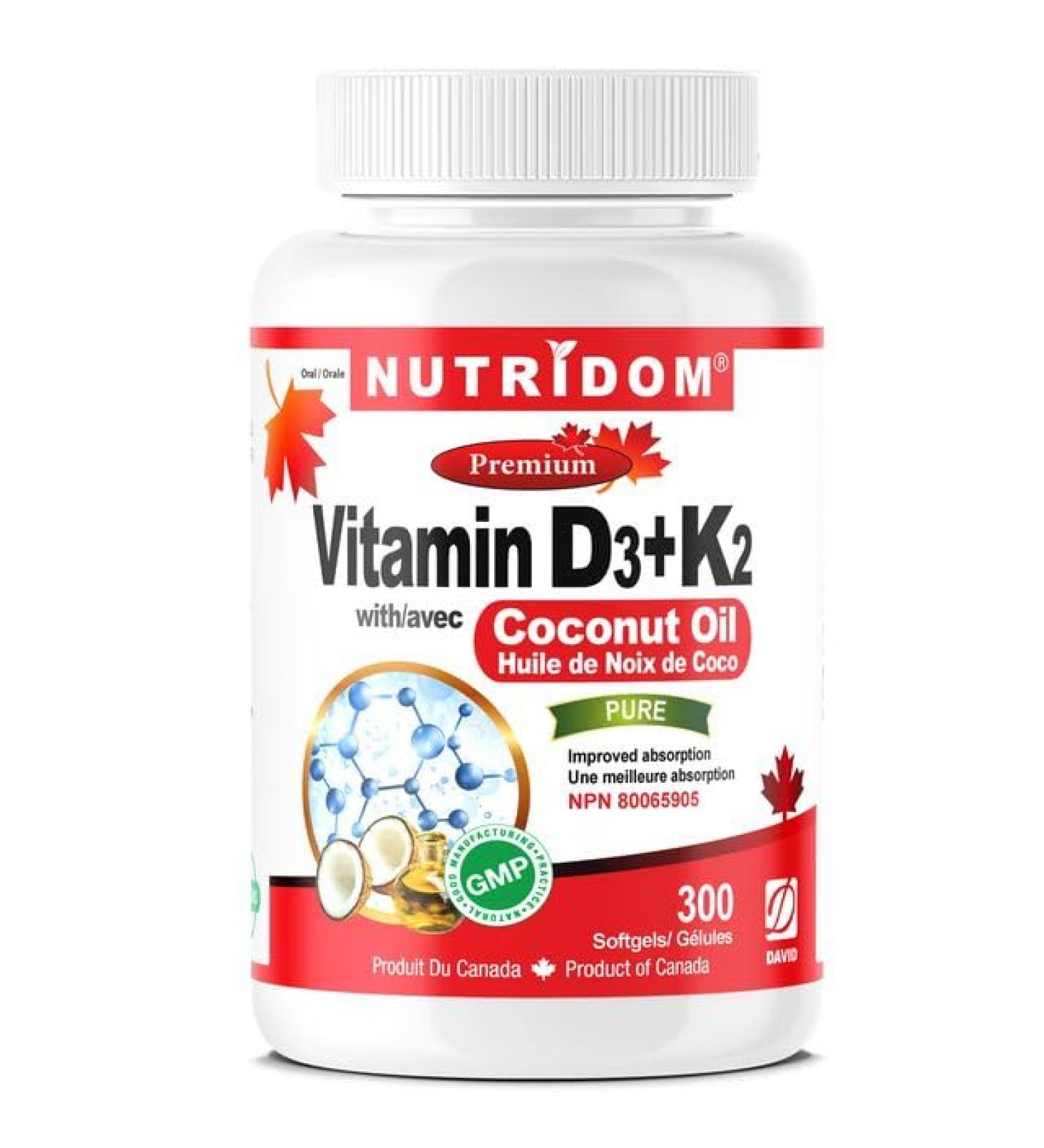 Nutridom Vitamin D3 + K2 1000IU/120MCG | MK-7 K2 with Cholecalciferol D3 in Coconut Oil | Helps Support Bones Teeth and Immune Function | Non-GMO Gluten-free and Dairy-free (300 Count) 300 count (Pack of 1) - Buy Online on GoSupps.com