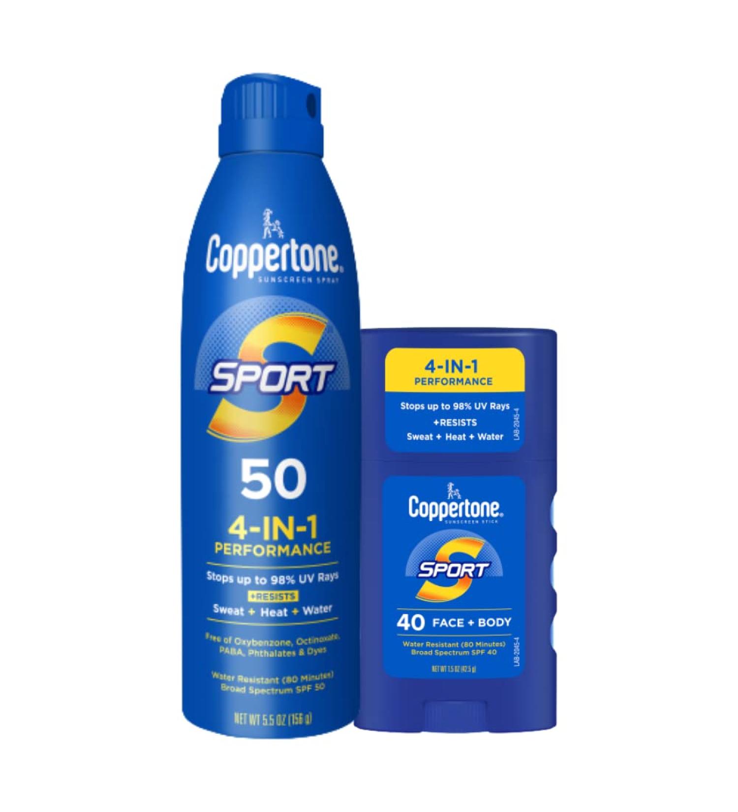 Coppertone Sport Sunscreen Spray SPF 50 5.5 Oz & Sunscreen Stick SPF 40 1.5 Oz - Water Resistant Formula - Buy Online on GoSupps.com