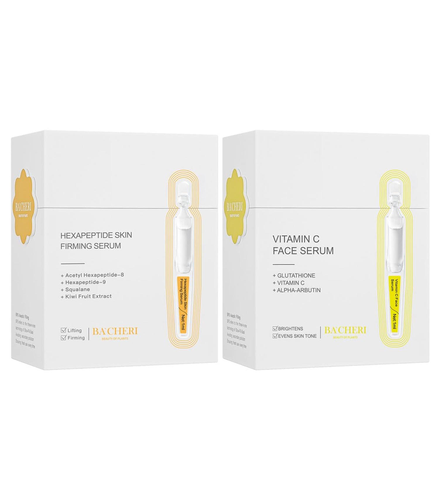 Autumn/Winter Care | BACHERI Vitamin C + Hexapeptide Face Serum AM/PM Ampoule Duo for 25+ Skin Brightening Hydrating Firming & Anti-Aging Facial Serums for Dry Sensitive & Early-Aging Skin