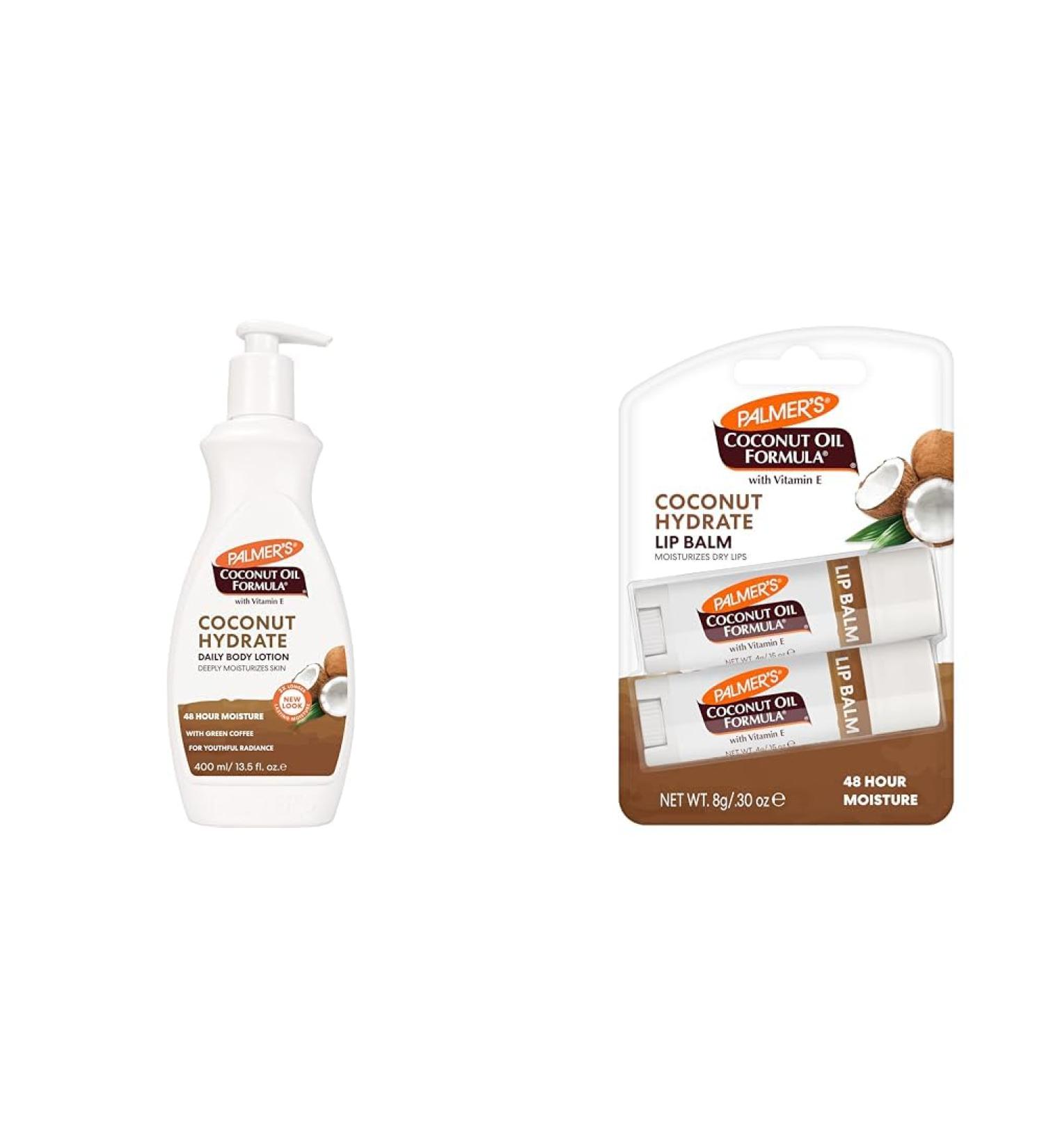 Palmer's Coconut Oil Formula Body Lotion and Lip Balm Duo with Vitamin E and Green Coffee Extract Pack of 1 13.5oz Body Lotion and Pack of 2 Lip Balms - Buy Online on GoSupps.com
