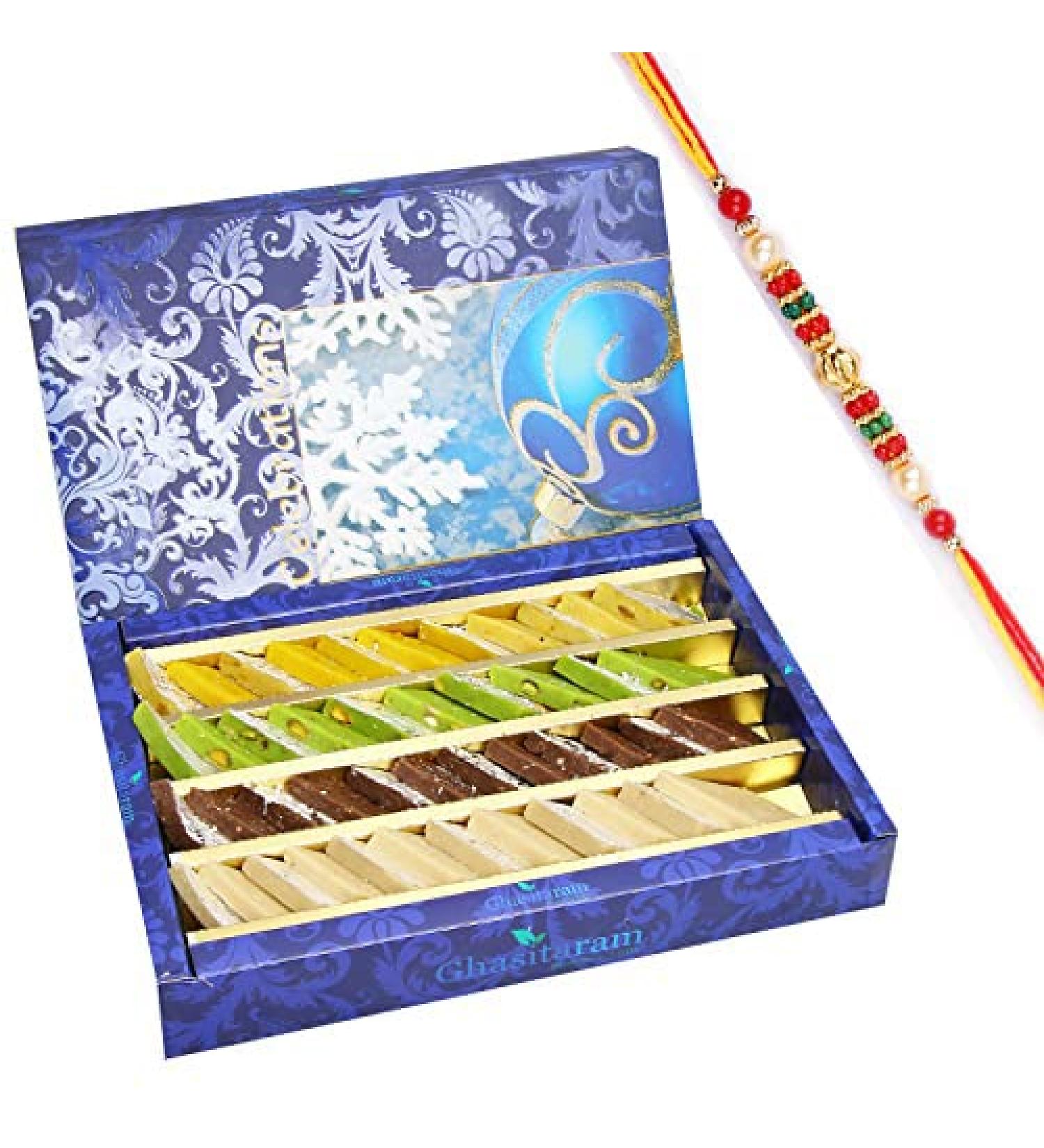 Ghasitaram Gifts Rakhi Gifts for Brothers Rakhi Sweets - Pure Assorted Kaju Katlis 800 GMS with Beads Rakhi - Buy Online on GoSupps.com