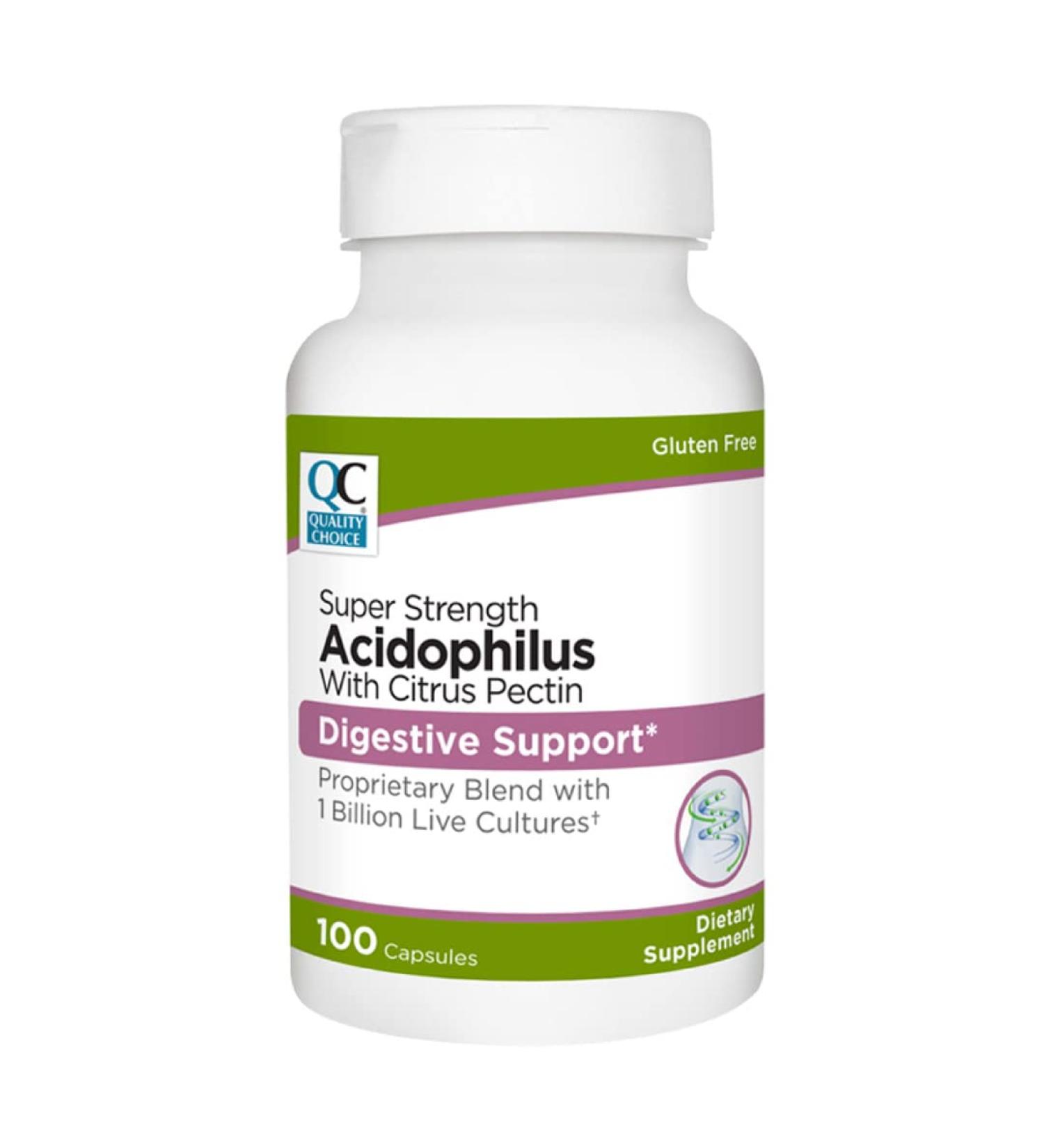 Quality Choice Digestive Support Acidophilus with Citrus Pectin 100 Capsules Daily Probiotic Formula with Citrus-Derived Fiber Easy-to-Swallow Capsules