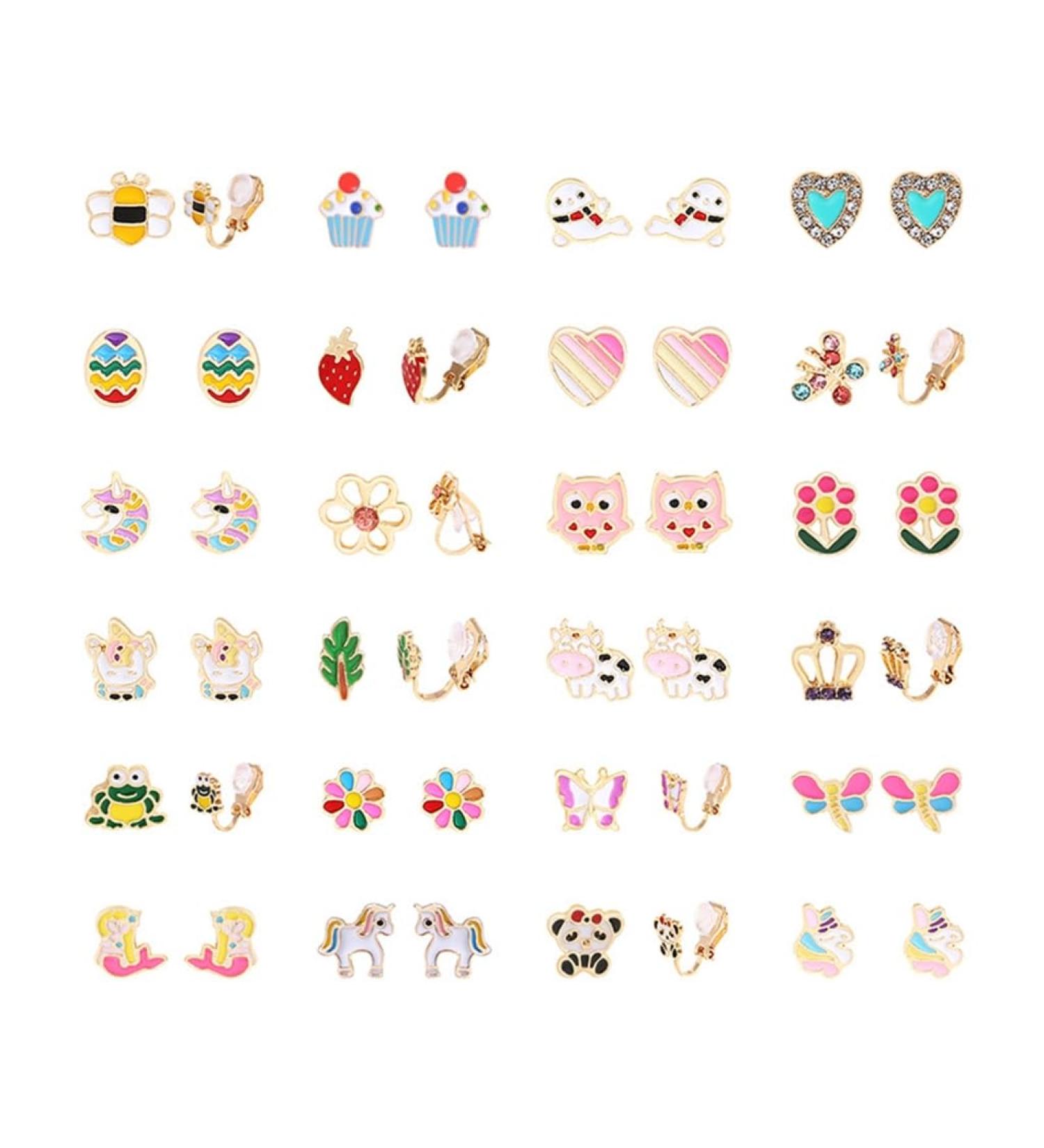24-Pair Cute Animal, Flower, Heart & Fruit Earrings Set - Non-Perforated Ears - Buy Online on GoSupps.com