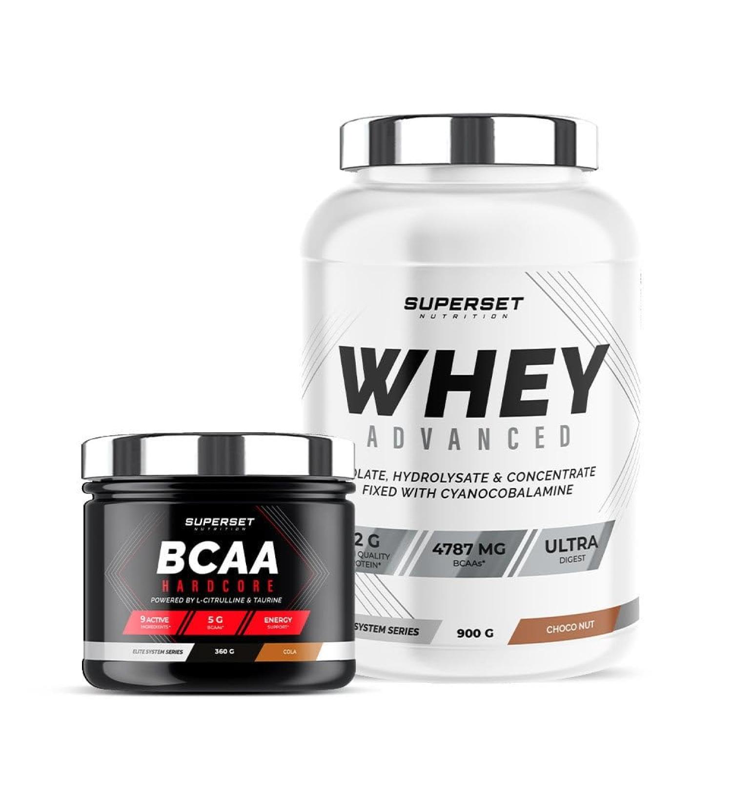 Superset Nutrition | Muscle Shaping Program - 100% Whey Protein Advanced 900g Choco Nut - Bcaa Hardcore Cola | Achieves a shaped toned physique in 4 weeks. - Buy Online on GoSupps.com