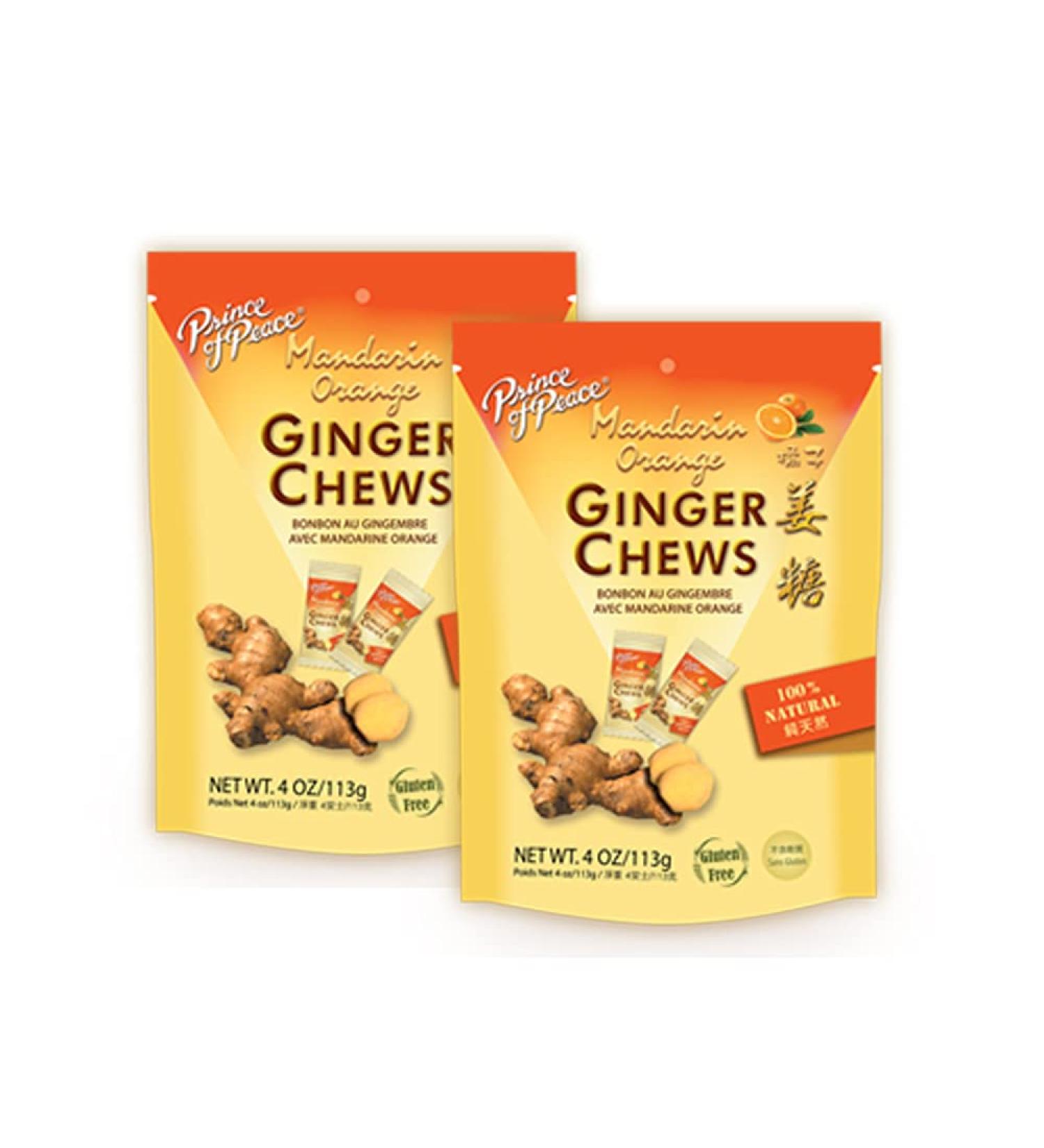 Prince of Peace Ginger Chews With Mandarin Orange, 4 oz.  Candied Ginger  Orange Candy  Orange Ginger Chews  Natural Candy  Ginger Candy for Nausea - 2 Pack Mandarin Orange 4 Ounce (Pack of 2)