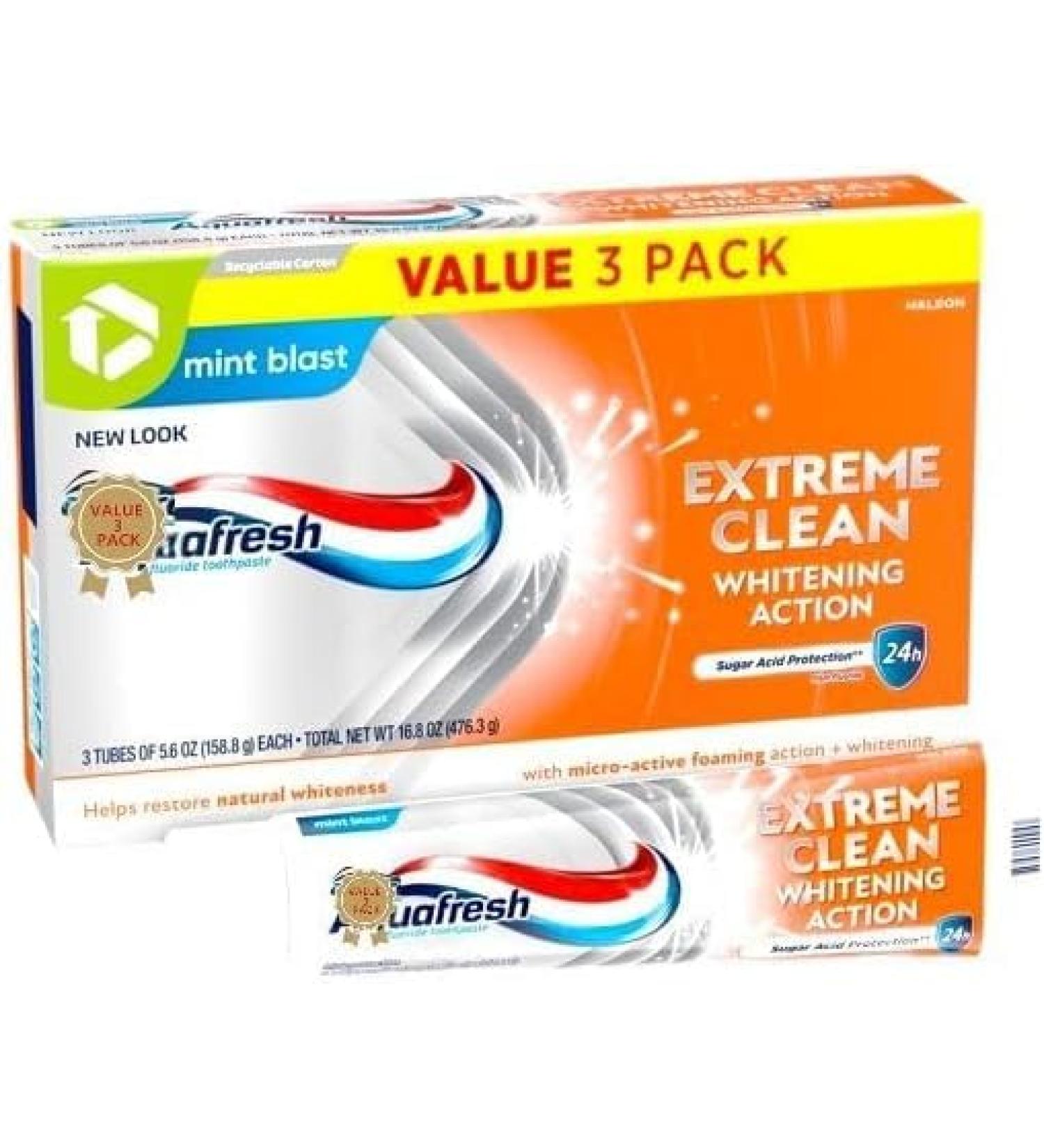 Extreme Aquaafresh Clean Whitening Action Fluoride Toothpaste (Pack of 3) Mint Blast 5.6 oz - Buy Online on GoSupps.com