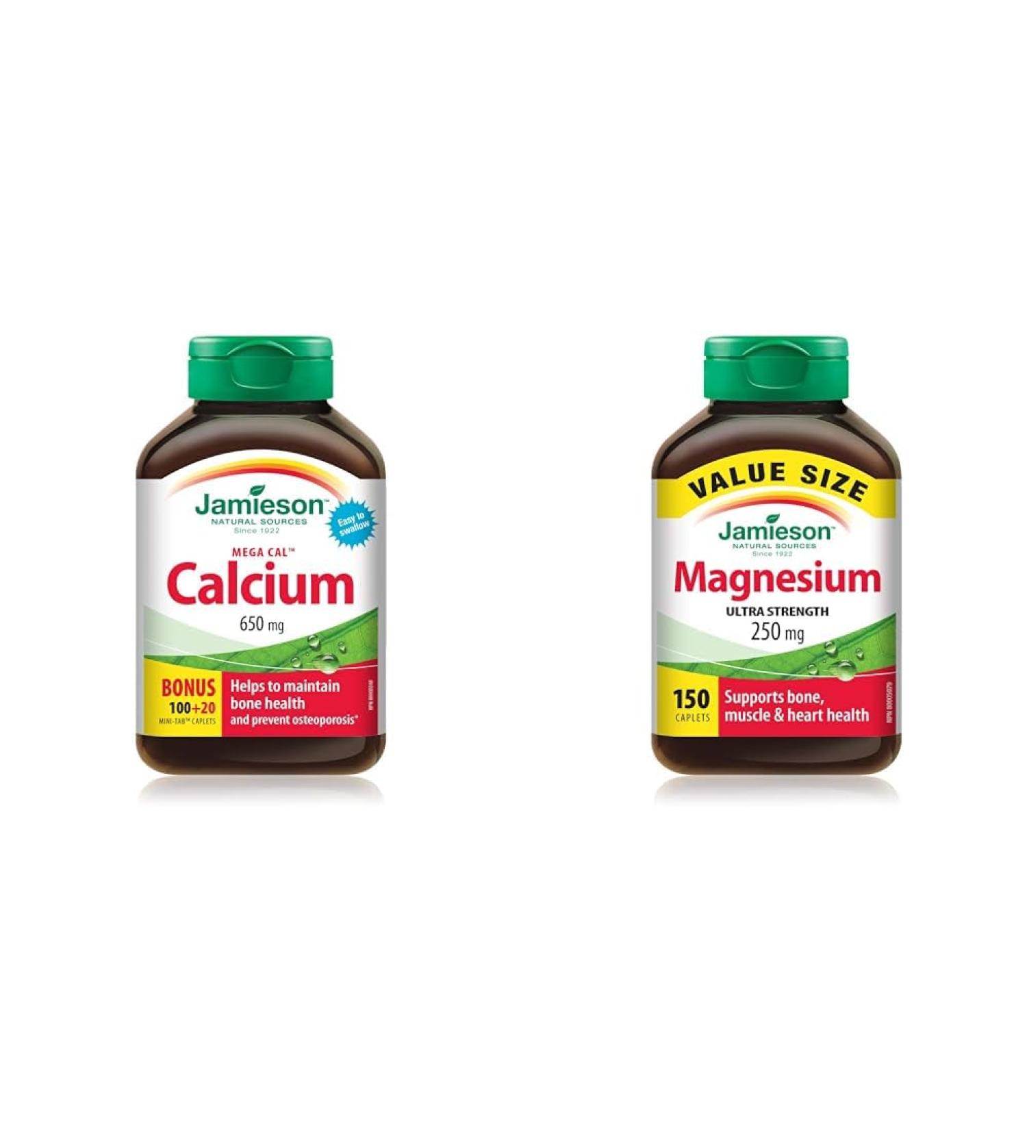 Jamieson MegaCal Calcium 650mg (100+20 Tablets) + Jamieson Magnesium 250mg Ultra Strength Calcium 650mg + Magnesium 250 mg - Buy Online on GoSupps.com