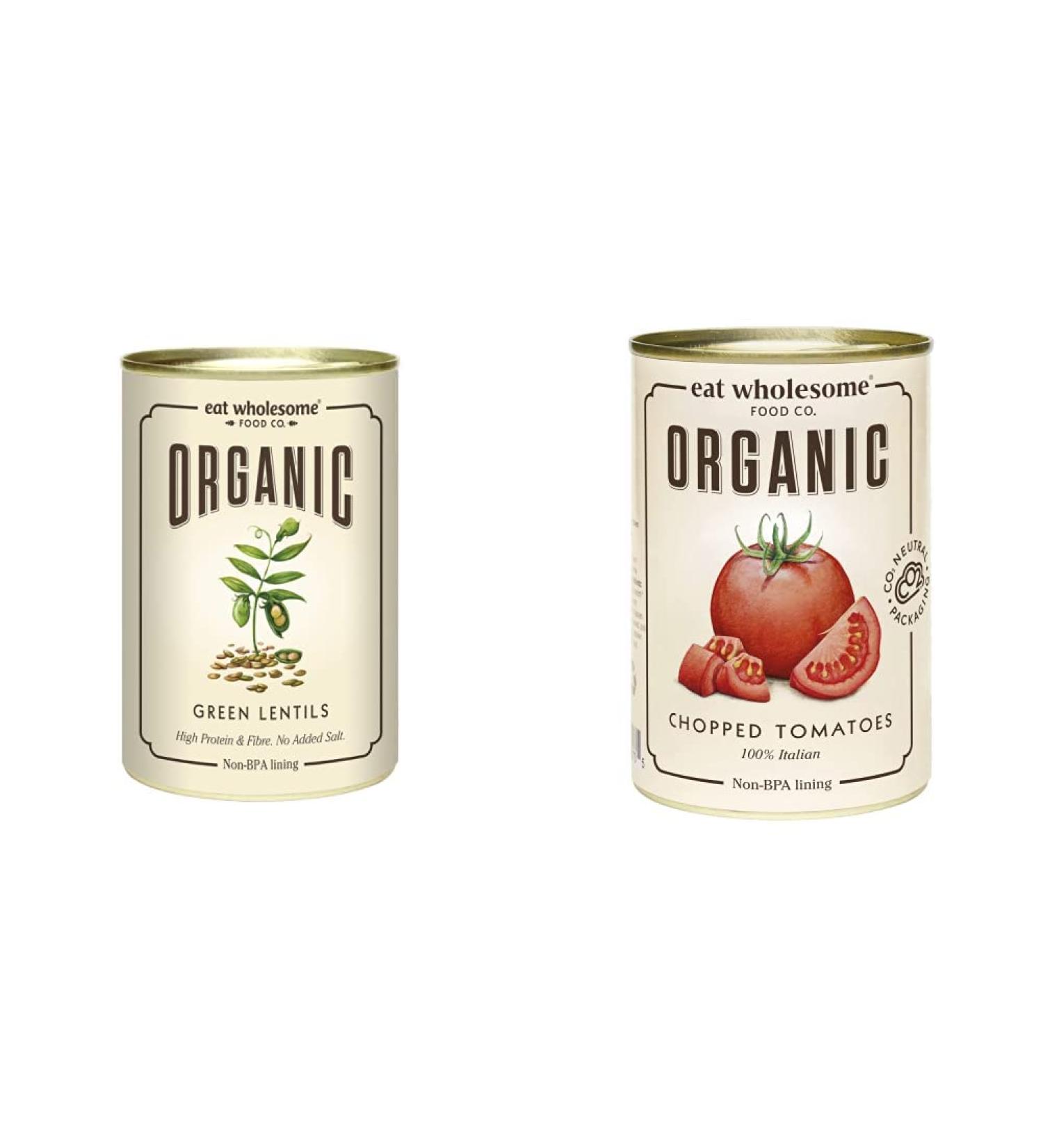 Eat Wholesome Organic Green Lentils 400g (Pack of 12) & Eat Wholesome Organic Chopped Tomatoes 400g (Pack of 12) - Buy Online on GoSupps.com