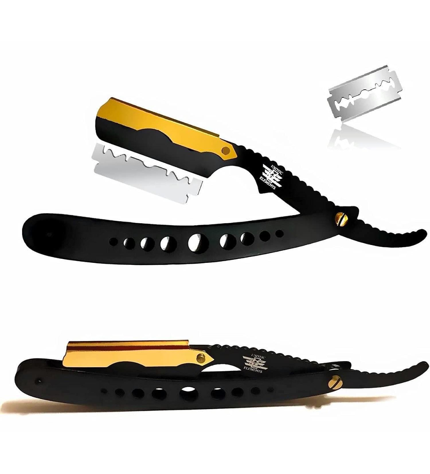 Premium Black and Gold Straight Edge Shaving Razor for Men - Perfect for Hair Mustache and Eyebrow Grooming | International Shipping Available - Buy Online on GoSupps.com