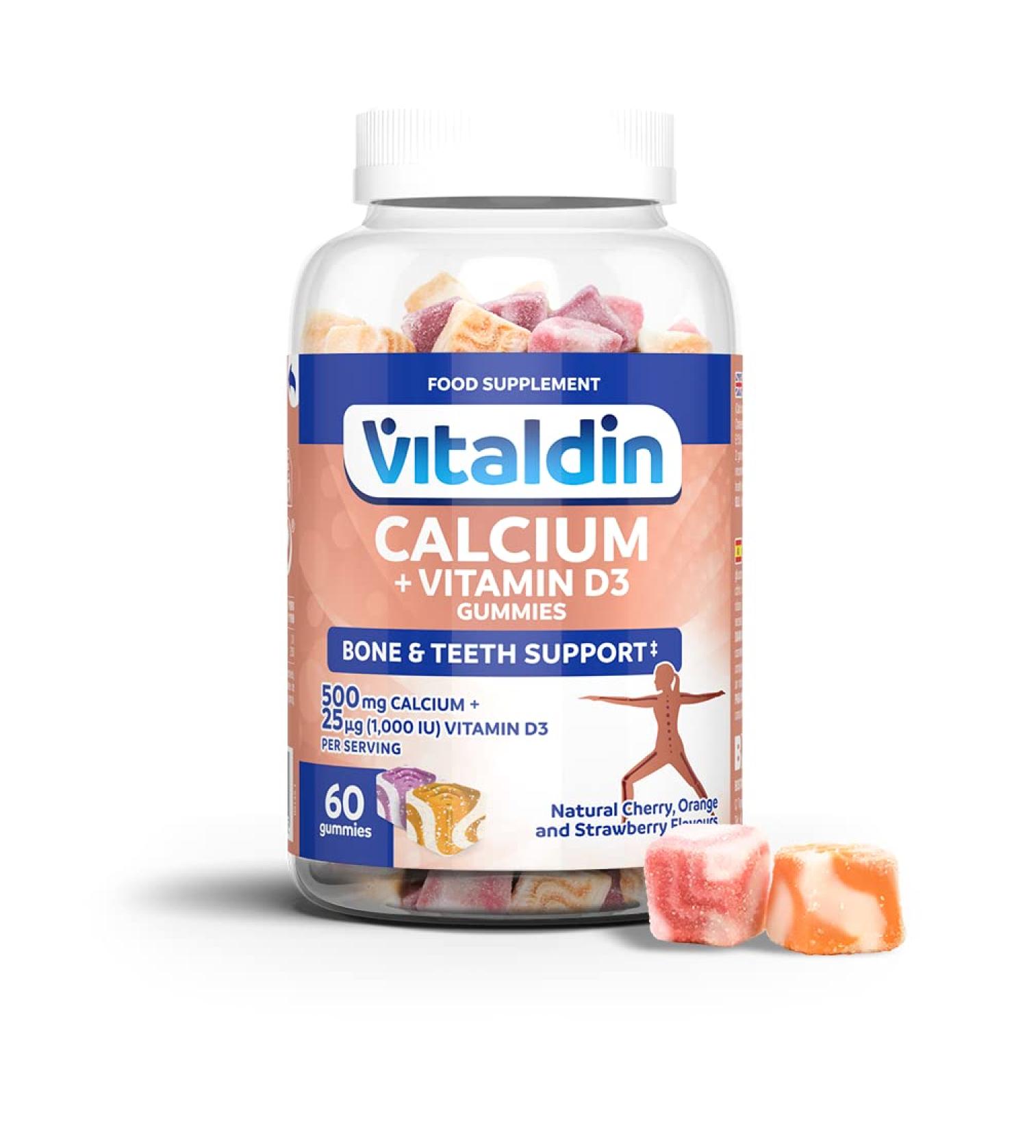 VITALDIN Calcium + Vitamin D3 Gummies 500mg & 1000 IU 60 Chewable Gummies | Bone & Teeth Support for Kids & Adults | Gluten-Free - Buy Online on GoSupps.com