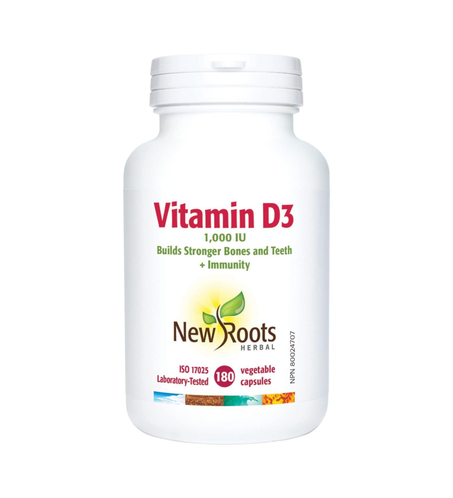 New Roots Herbal - Vitamin D3 1000 IU 180 Capsules - Helps in the Development and Maintenance of Bones and Teeth - Helps to Maintain and Support Immune Function - Buy Online on GoSupps.com