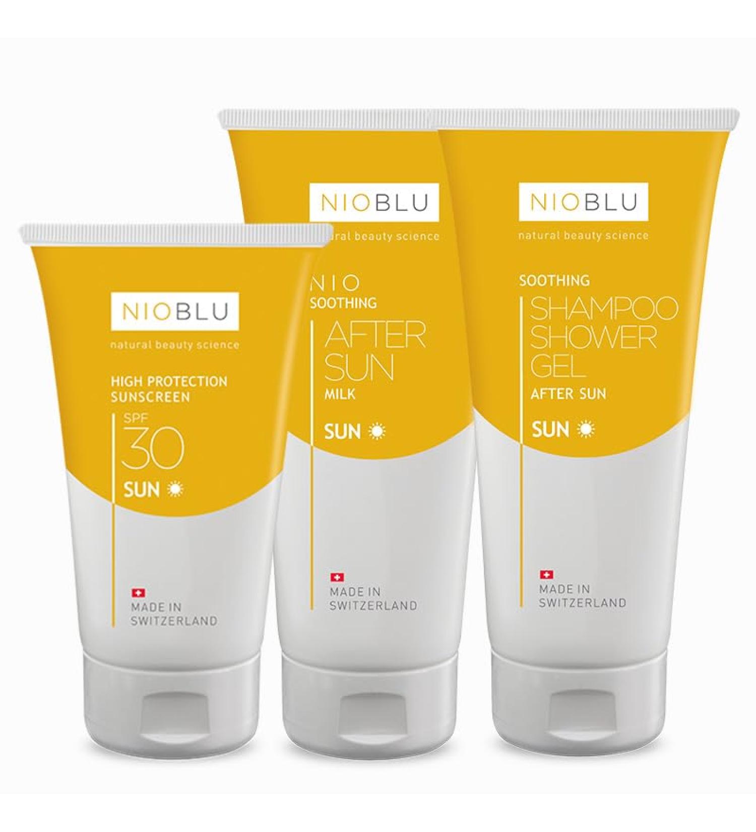 NIOBLU Complete sun care set - SPF 30 face and body sunscreen + Soothing after-sun lotion + After-Sun shower gel and shampoo - High protection relief and gentle cleansing for all skin types