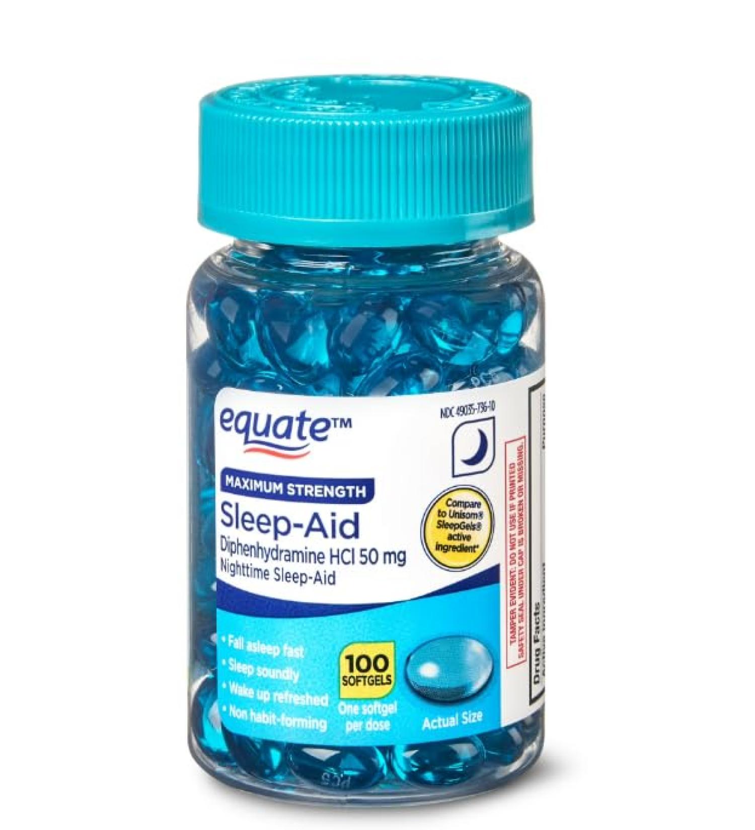 Equate Maximum Strength Nighttime Sleep-Aid Diphenhydramine HCl Sleep Support Softgels 50 mg 100 Count - Buy Online on GoSupps.com