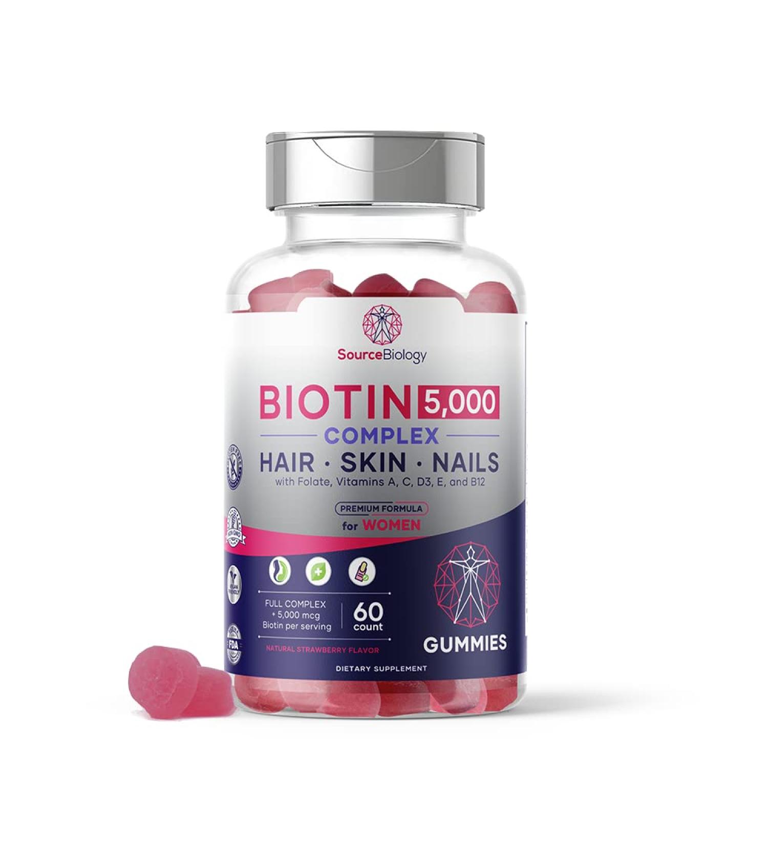 Source Biology Biotin 5000 Mcg Complex - High Potency Vegan Gummies for Hair, Skin, Nails - With Folate, Vitamins A, C, D3, B12 - Women's Premium Formula - Buy Online on GoSupps.com