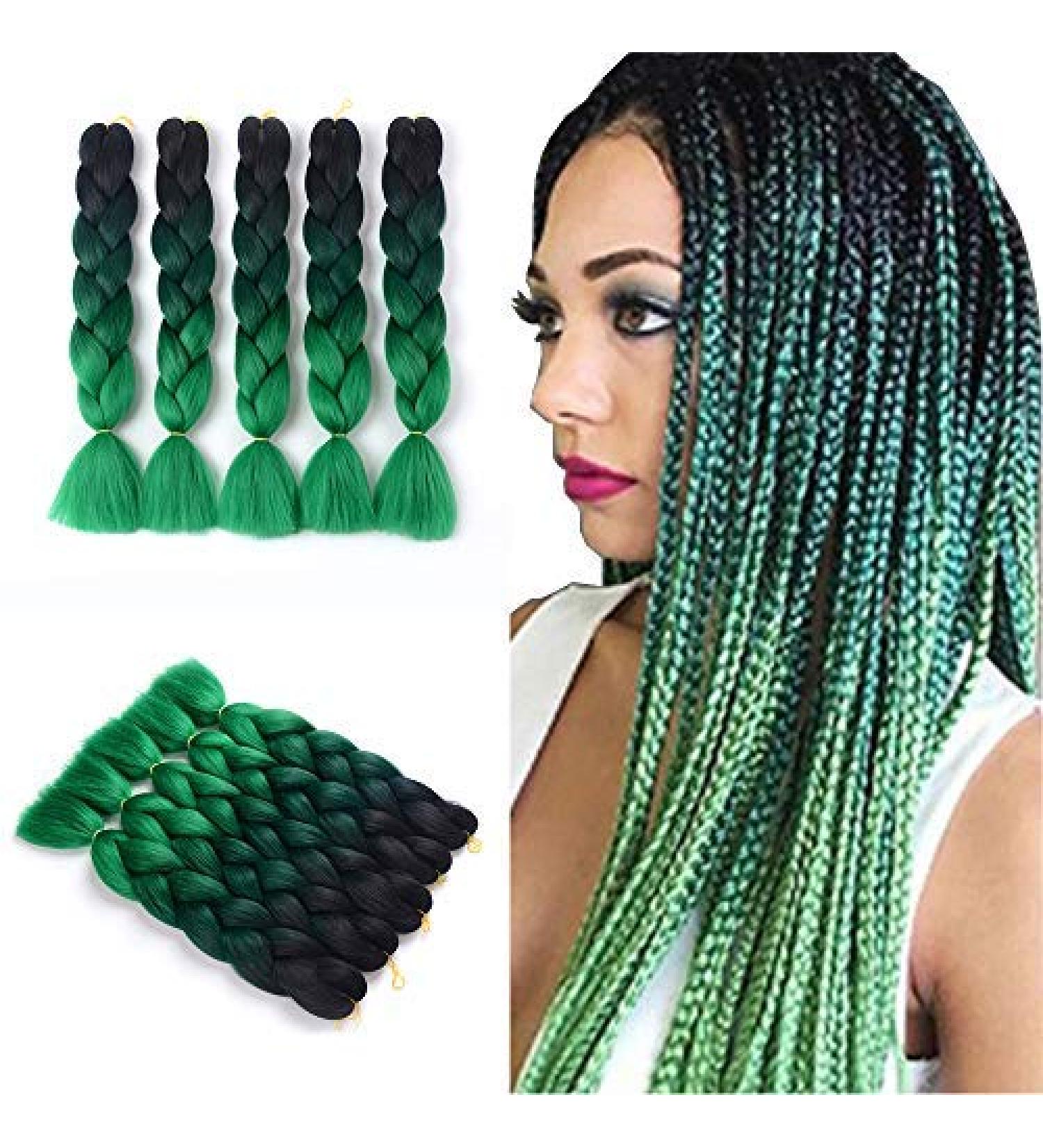 Showjarlly Jumbo Braid Hair Extensions - 24 Inch Ombre KanCalon Braid (5 Pack) for Crochet & Twist Braids - Black/Black Green/Dark Green - Buy Online on GoSupps.com