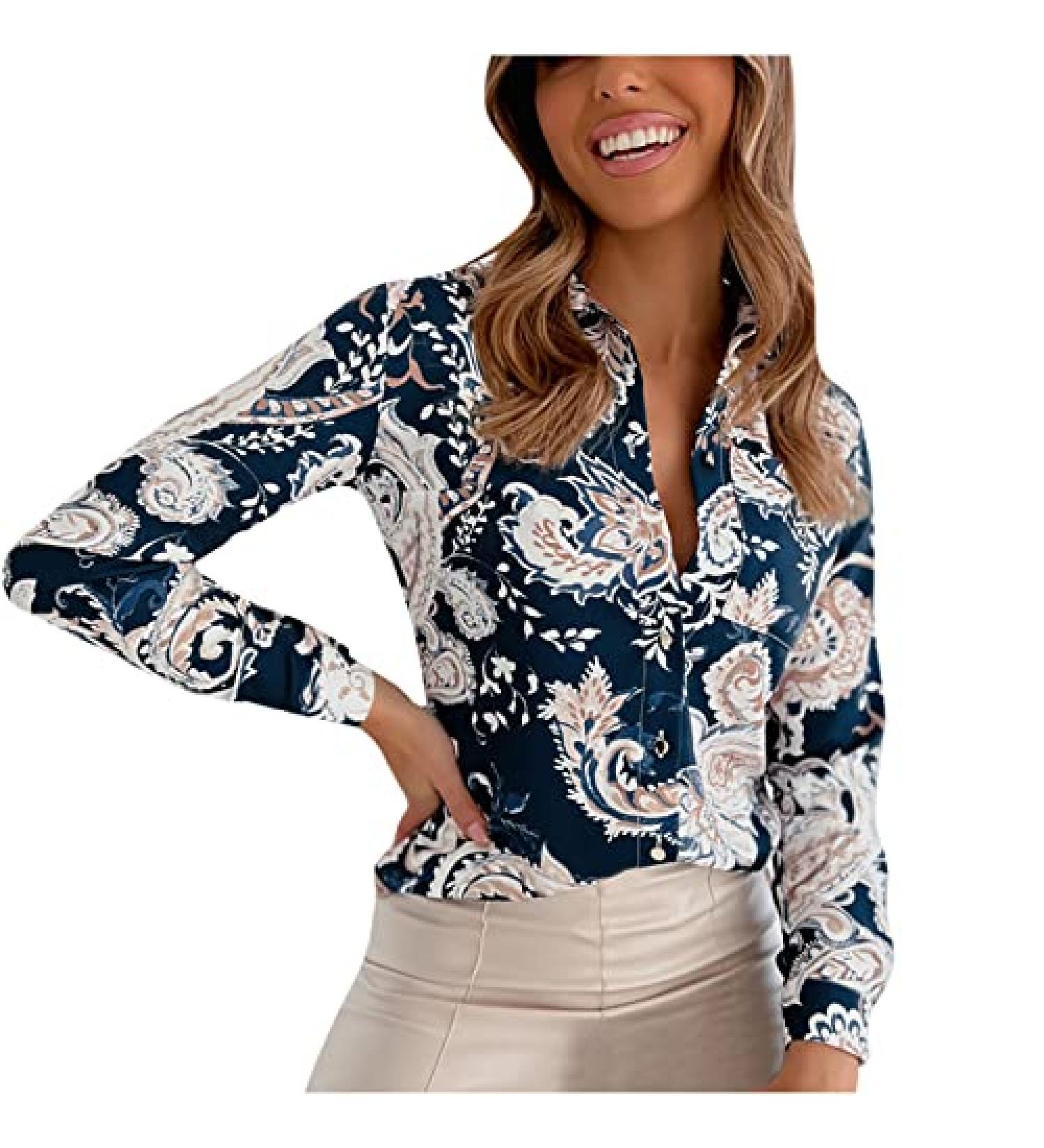 Women's Vintage Printed V-Neck Long Sleeve Shirt - Blue | Casual Spring Summer Blouse - Buy Online on GoSupps.com