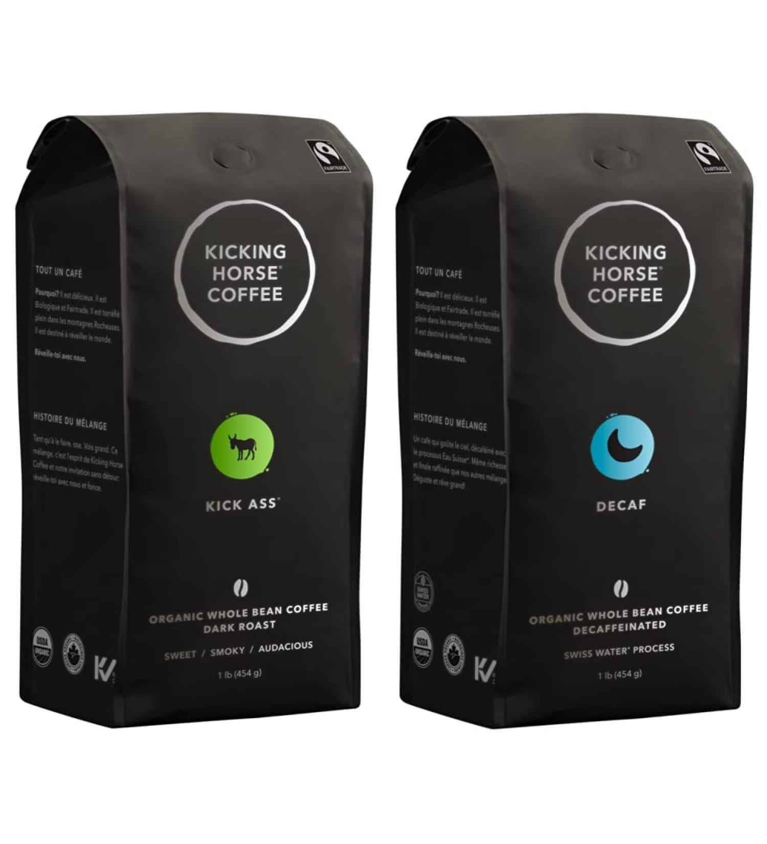 Kicking Horse Coffee Kick Ass Dark Roast Whole Bean 1 lb - Certified Organic Fairtrade Kosher Coffee & Kicking Horse Coffee Decaf Swiss Water Process Dark Roast Whole Bean