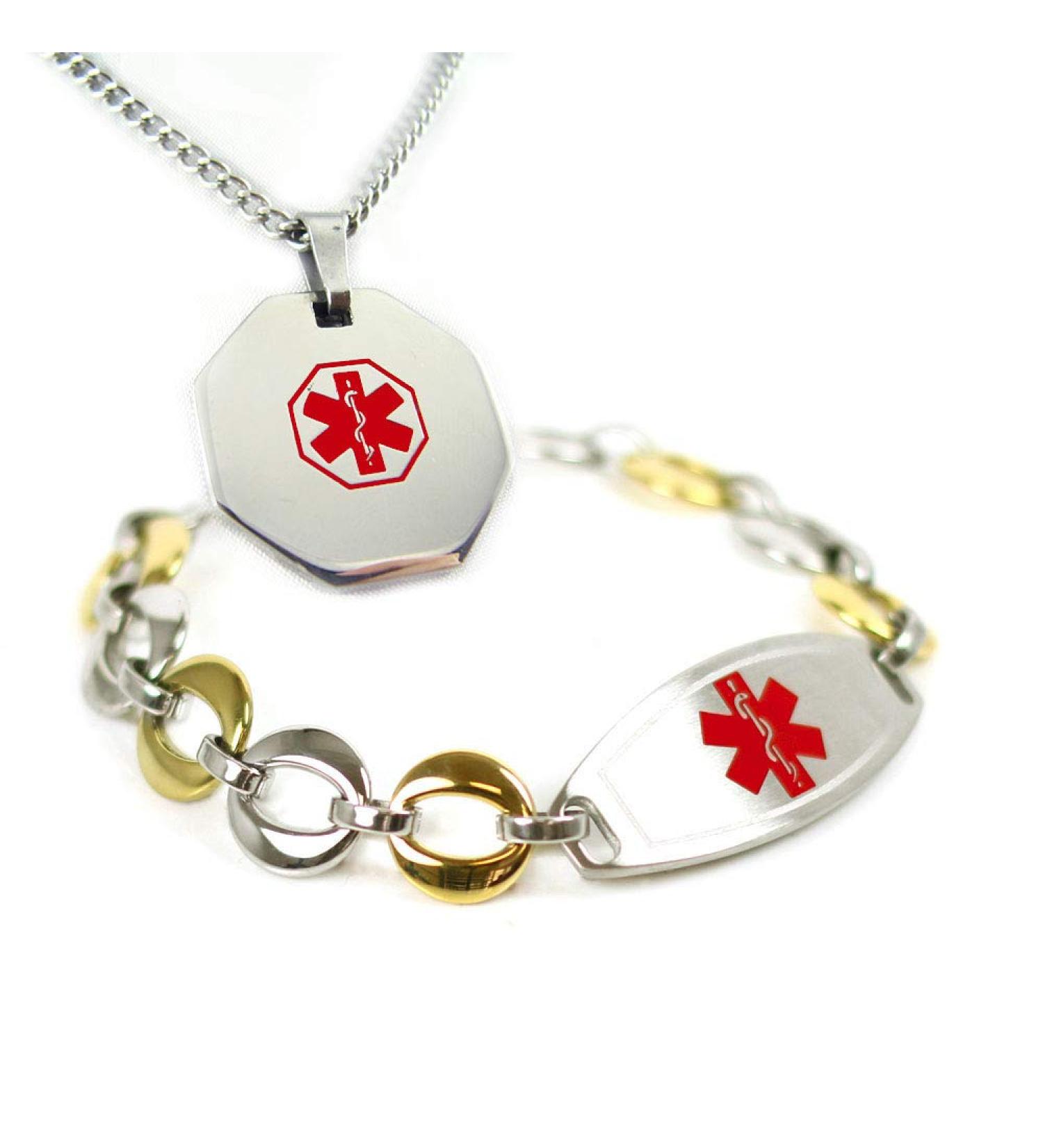 Custom Engraved Medical Alert Bracelet & Necklace for Women - Stainless Steel 8.25" Red - International Shipping Available - Buy Online on GoSupps.com