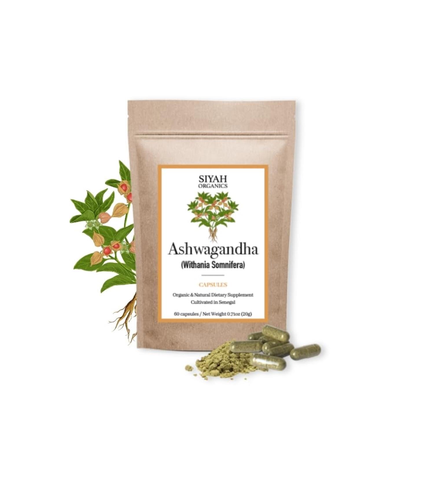 Siyah Organics Ashwagandha Capsules - Stress Relief Sleep Aids & Focus for Women & Men - 100% Natural & Organic Vegan Herbal Tea - Handmade Herbal Supplement - 60 Capsules - Buy Online on GoSupps.com