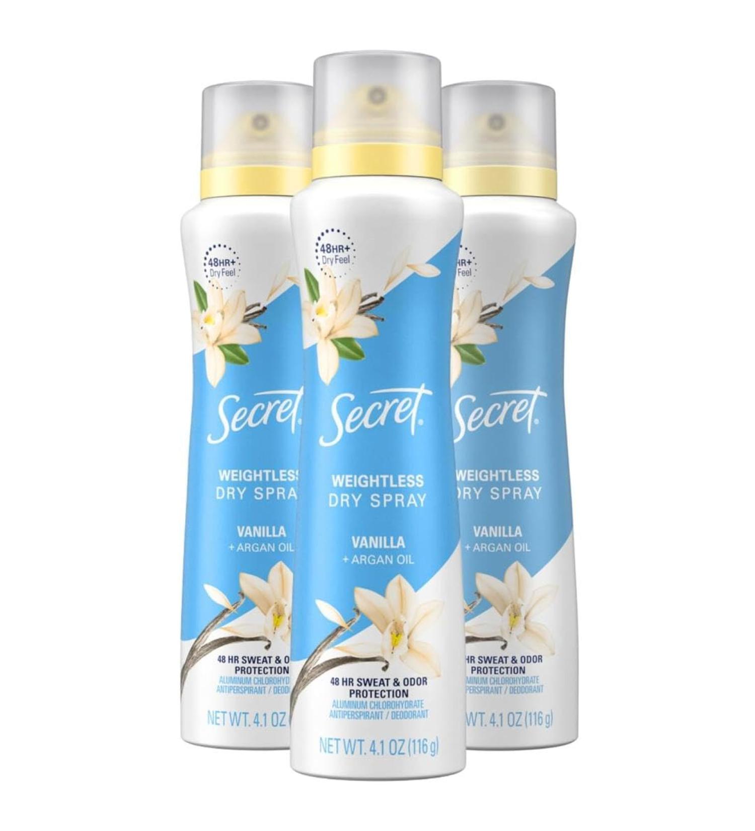 Secret Dry Spray Antiperspirant Deodorant for Women 48hr Weightless Sweat & Odor Protection Gentle on Skin Vanilla & Argan Oil Scent 4.1 oz (Pack of 3) Vanilla & Argan Oil 4.1 Ounce (Pack of 3) - Buy Online on GoSupps.com