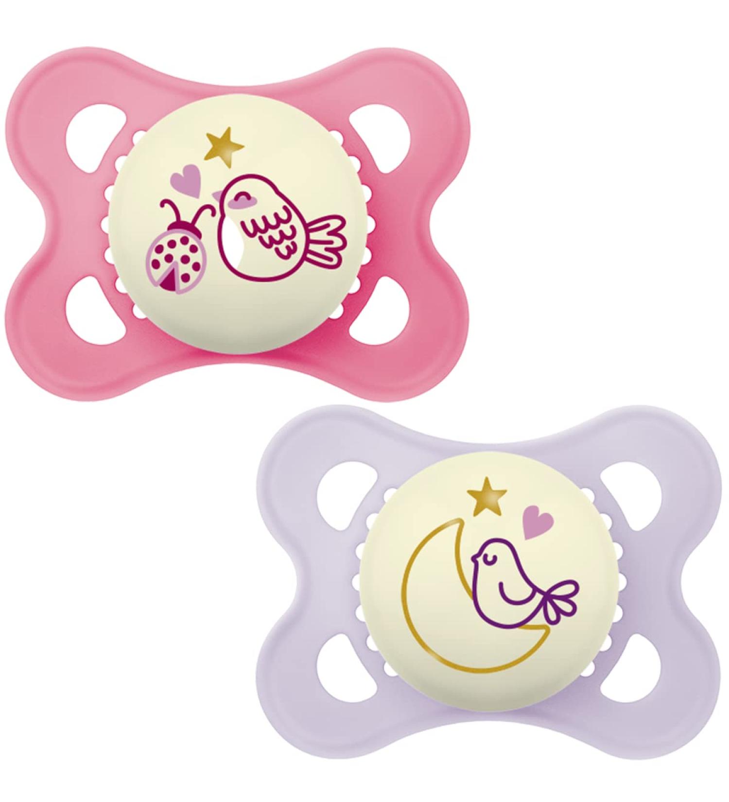 MAM Original Pure Night Soother 2-6 Months (Set of 2) Sustainable and Bio-Renewable Baby Soother SkinSoft Silicone Teat Glow in the Dark Soother Pink/Purple (Designs May Vary) - Buy Online on GoSupps.com