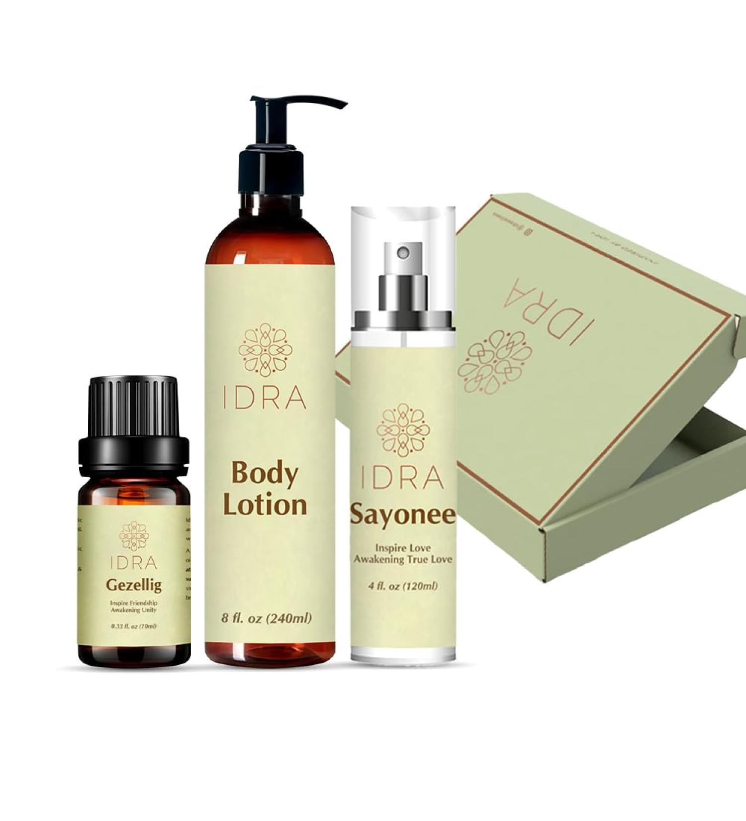 IDRA Heart & Home Gift Set Self-Care Trio with Body Lotion Face Mist & Essential Oil | Natural Aromatherapy Gift Box for Relaxation Hydration & Home Wellness (Sayonee + Gezellig + Body Lotion) - Buy Online on GoSupps.com