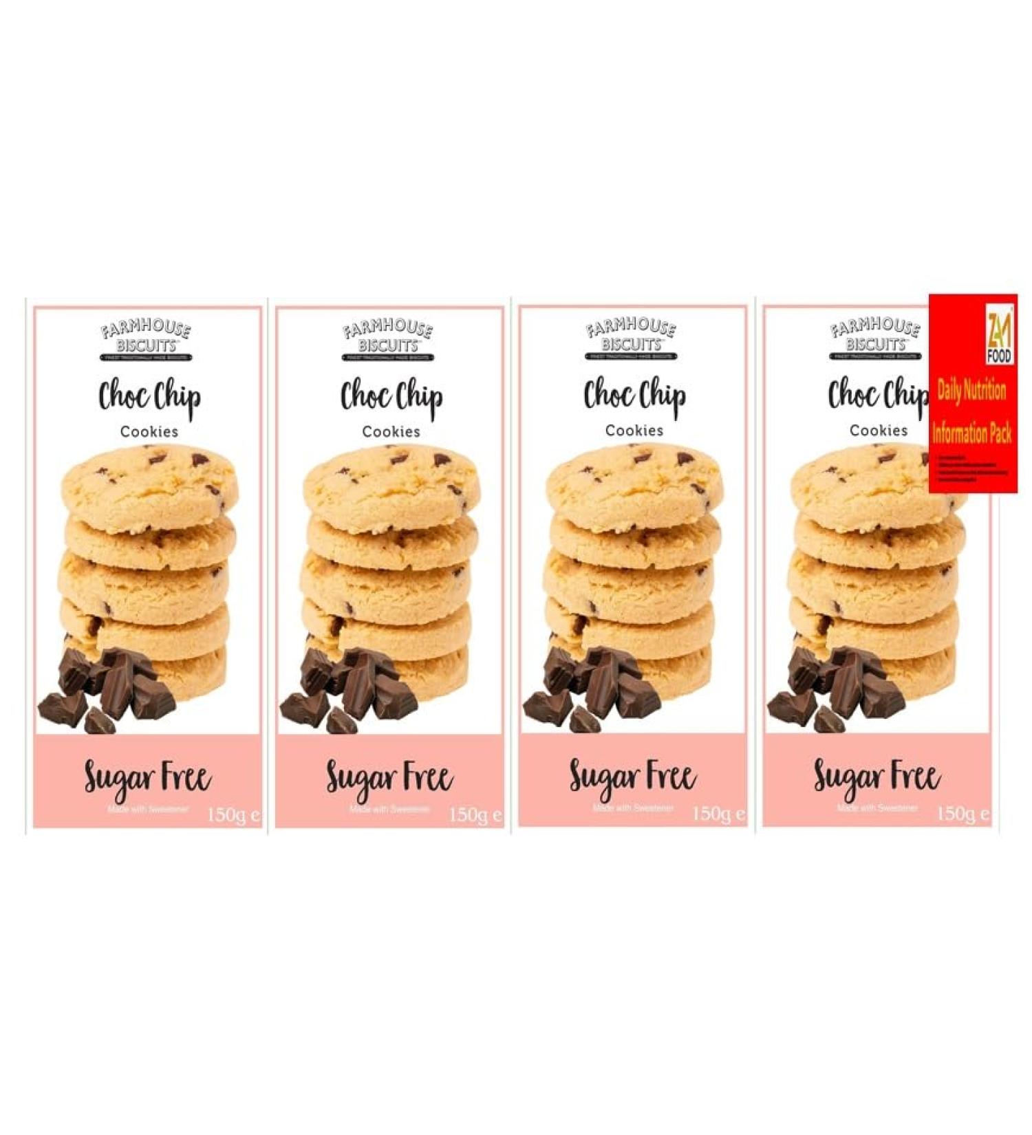Farmhouse Sugar Free Chocolate chip Biscuits cookies 150g (Pack of 4) Diabetic friendly. Perfect for Gifting on christmas Easter Birthday's Mother & Father day - Buy Online on GoSupps.com