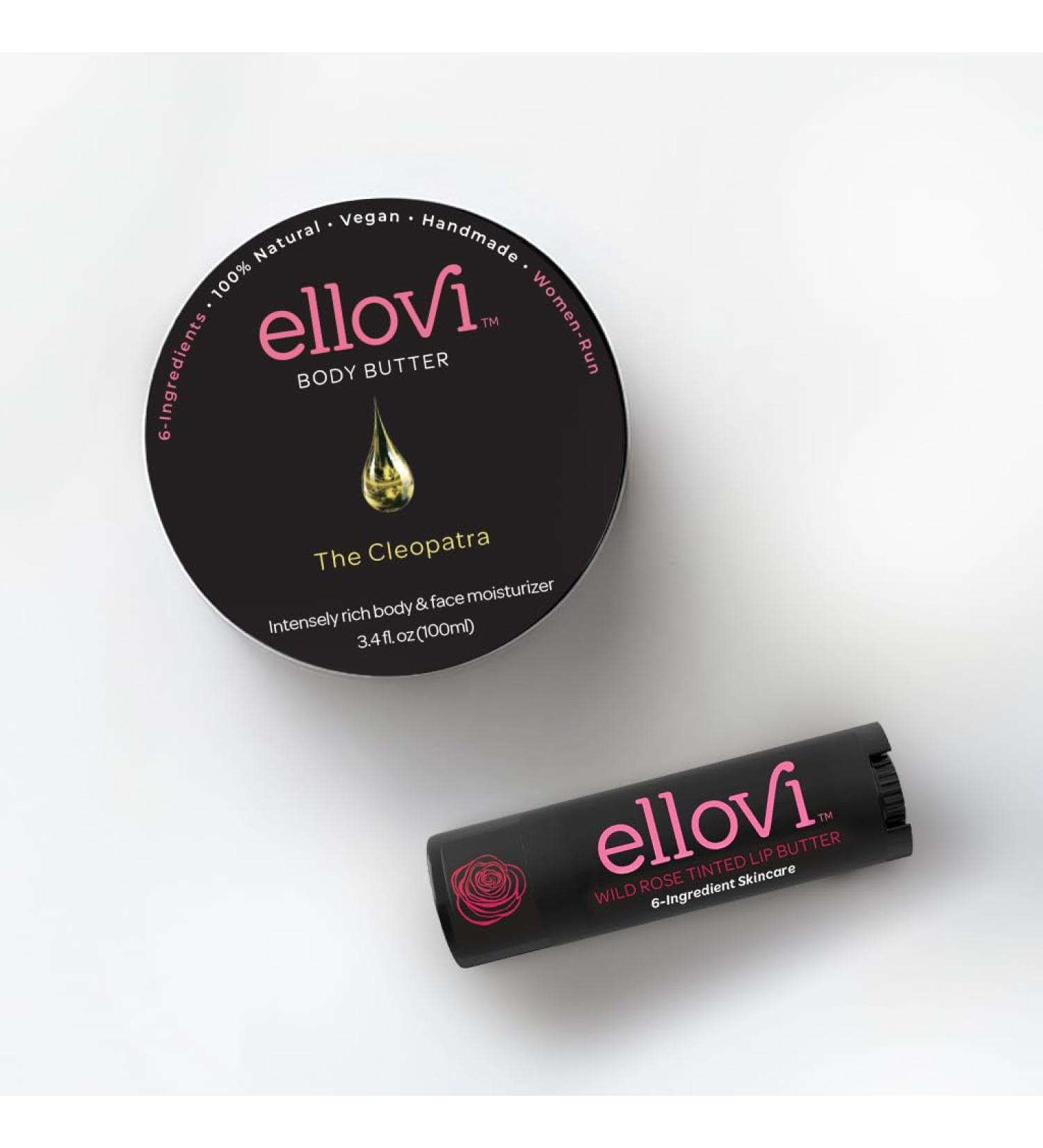 Ellovi Valentine Getaway Bundle | 3 Wild Rose Lip Butters & Cleopatra Body Butter | Vegan 6-Ingredient Skincare | Hydrating Romantic Luxurious | Handmade Cruelty-Free Self-Care - Buy Online on GoSupps.com