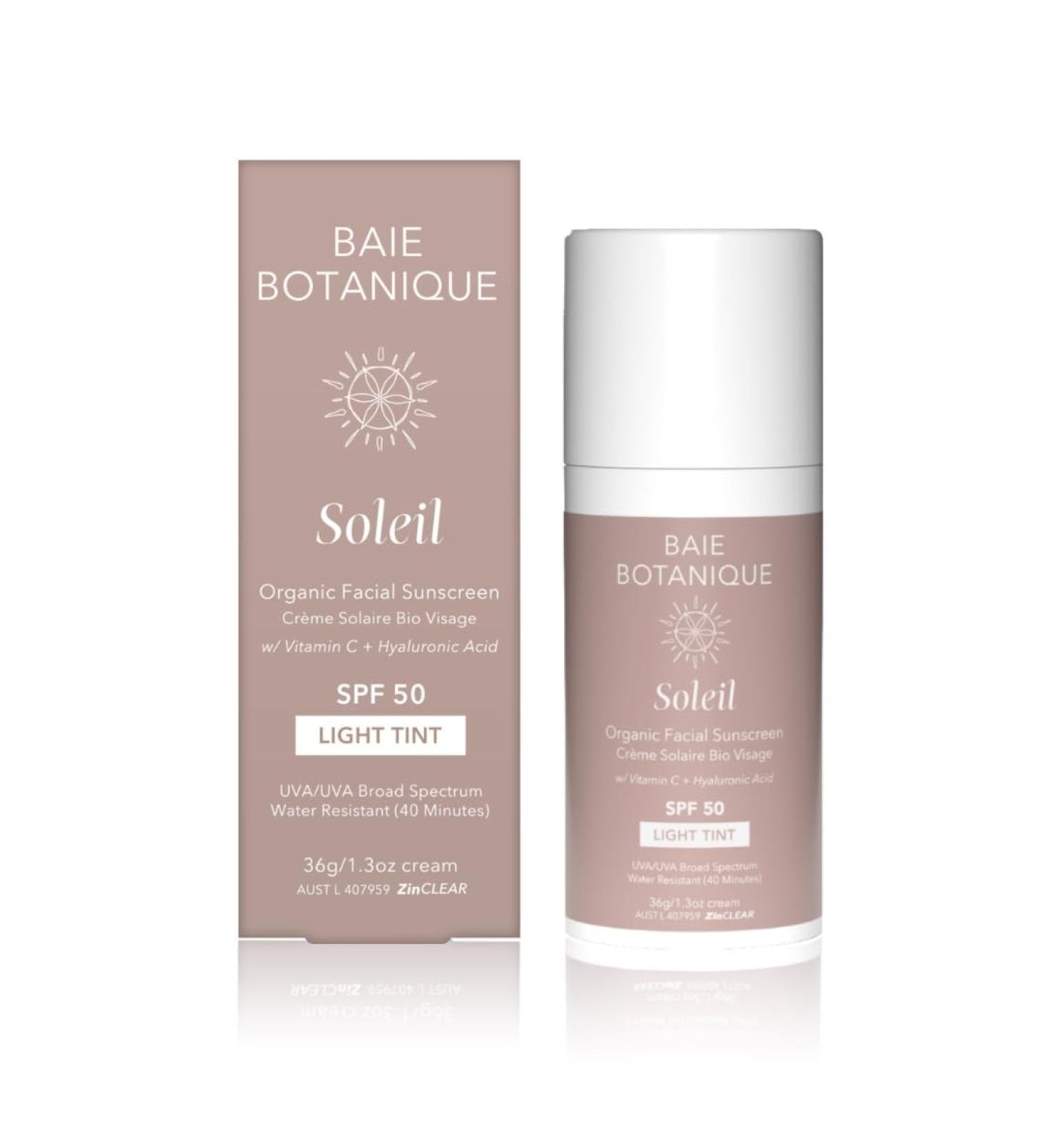Baie Botanique Soleil Organic Facial Sunscreen SPF 50 - Chemical Filter Free Vegan Non-Toxic UV Protection with Hyaluronic Acid & Vitamin C - No White Cast - Light Tint - 1.3 oz - Buy Online on GoSupps.com