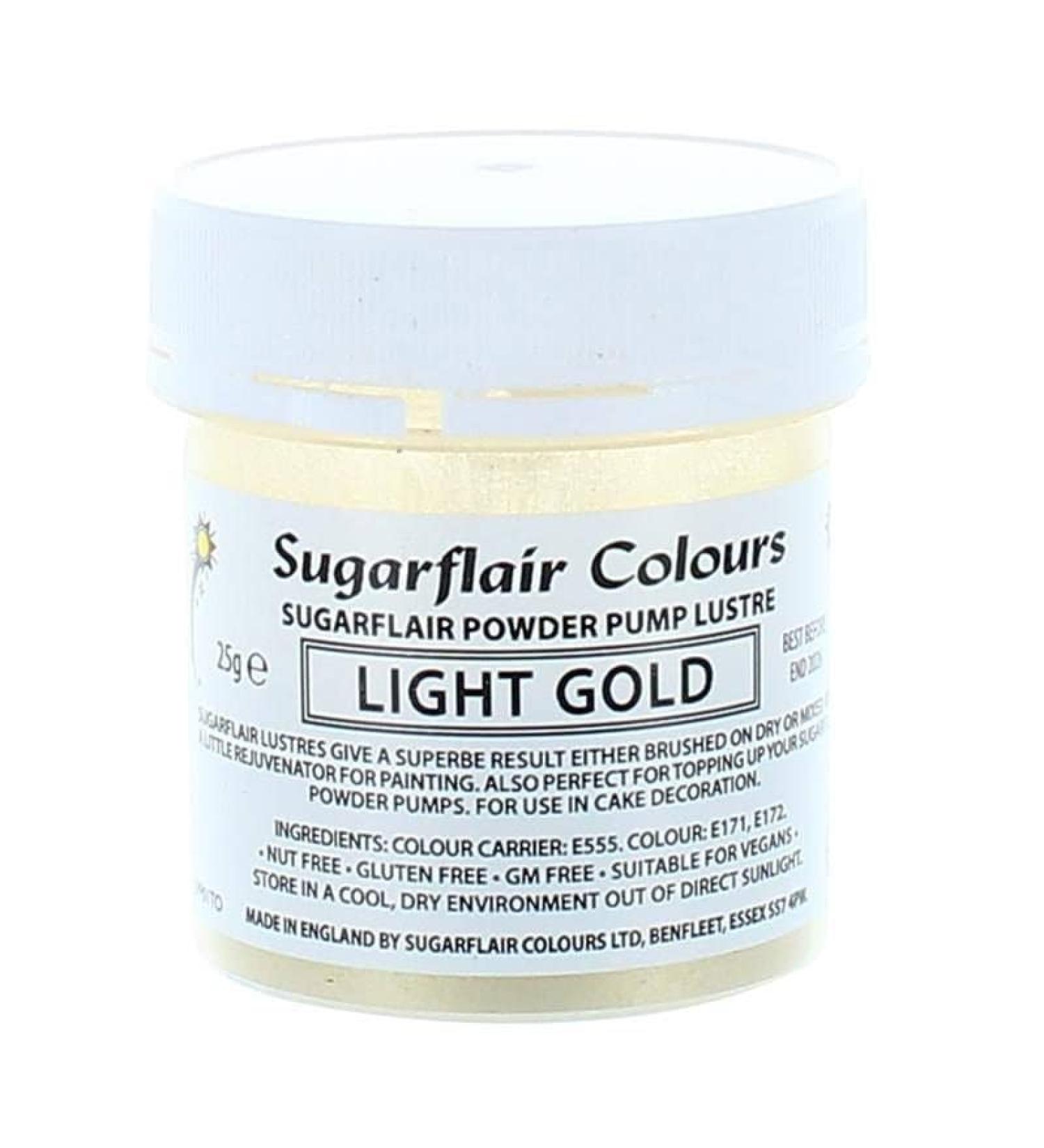 Sugarflair Colours Edible Power Pump Lustre - Light Gold - Food Colouring Powder Edible Colour Dust Brush On Spray or Add Rejuvenator to Create Eye-Catching Paint Effect - 25g