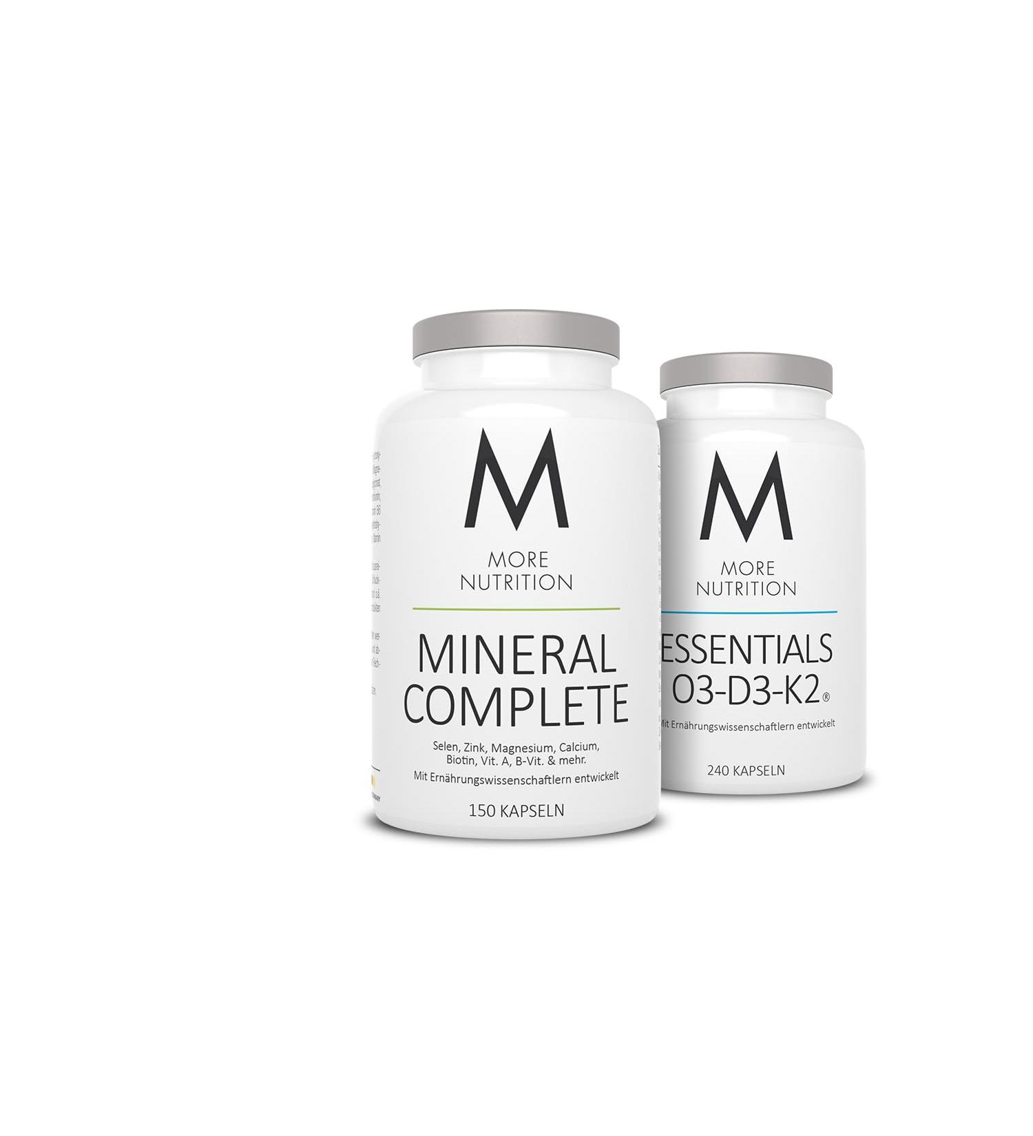 More essentials Omega 3 vitamin D3 K2 240 capsules - More nutrition mineral complete 150 capsules with minerals trace elements and vitamins bundle MC + essentials (beef)