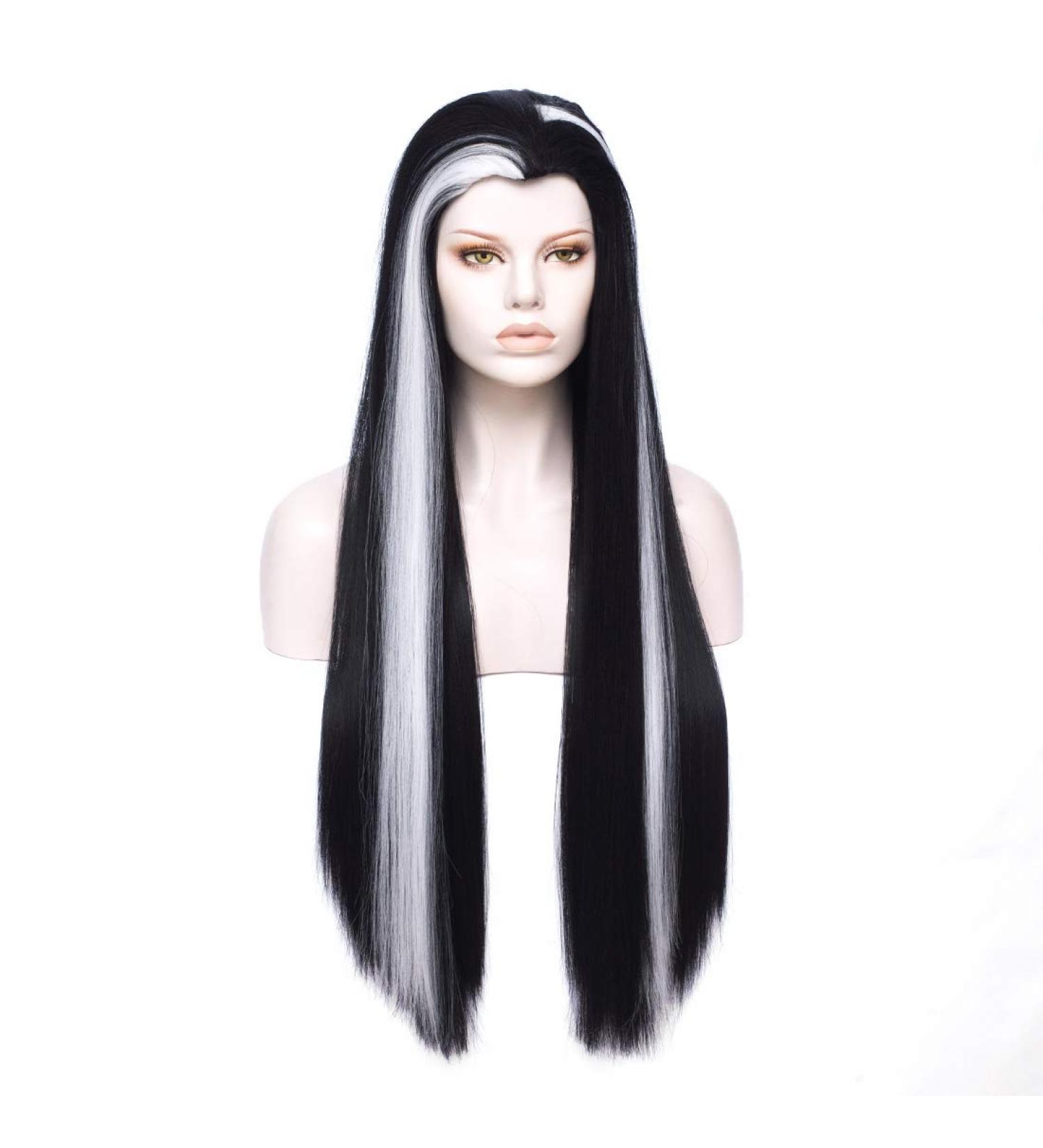 Morticia Long Straight Black & White Wig | Women's Widows Peak Costume Wig - Perfect for Halloween & Cosplay - Buy Online on GoSupps.com