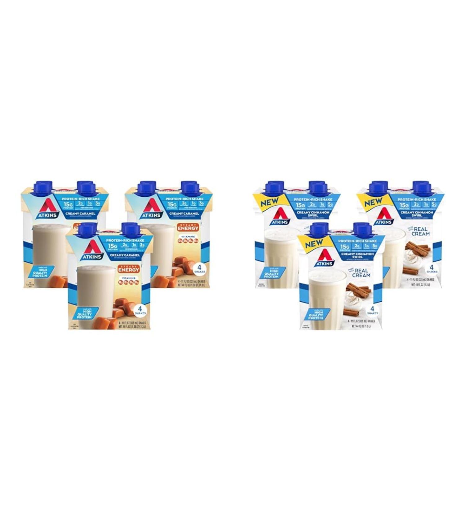 Atkins Energy Shake Creamy Caramel with Protein 4 Count(Pack of 3) and Atkins Creamy Cinnamon Swirl Protein Shake 12 Count