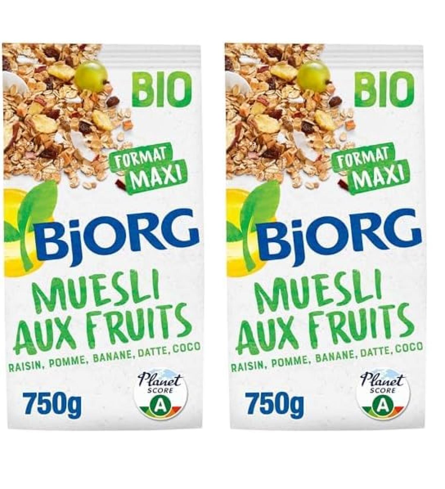BJORG - Muesli Bio Aux Fruits - Raisin Pomme Banane Datte Coco - Aux C r ales Compl tes - Sachet 750 g (Lot de 2) Pack of 2 Fruits - 750 g