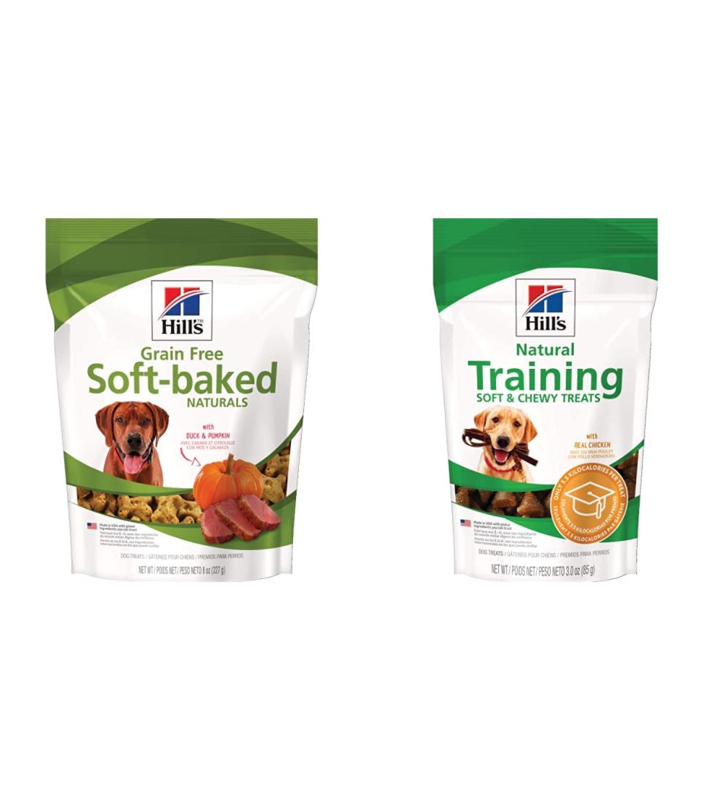 Hills Grain Free Soft-Baked Naturals Dog Treats with Duck & Pumpkin (8 oz) + Hills Natural Soft and Chewy Training Dog Treats with Real Chicken (3 oz)