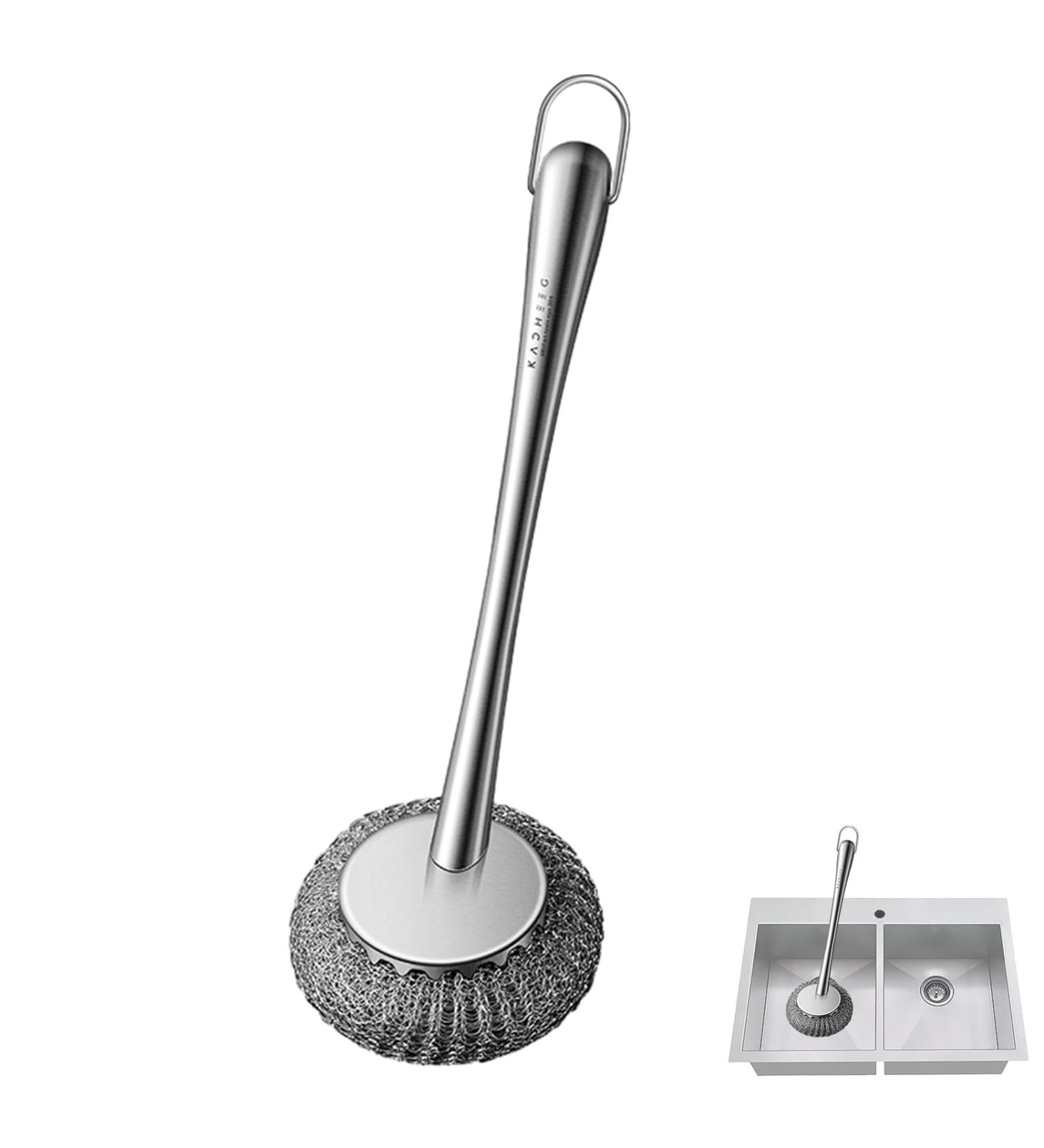 Scourer with Long Handle - Flexible Stainless Steel Pot Scourer with Hanger Uitility Gadgets for Non-Stick Pans Iron Pots Bowl Dishwashing Sink Dyog - Buy Online on GoSupps.com