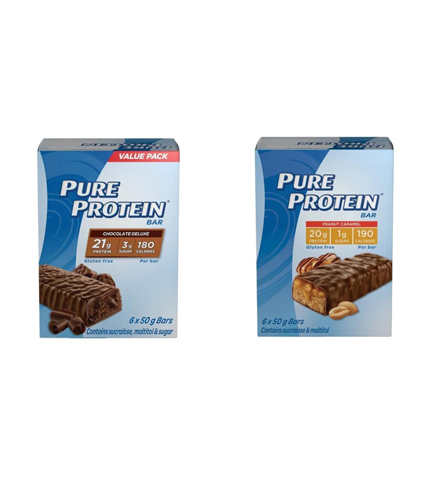 Pure Protein Bars Gluten Free Chocolate Deluxe 50g 6ct Imported from Canada) & Bars Gluten Free Snack Bars Peanut Caramel 50 gram 6 Count Brown Chocolate Deluxe Protein Bars + Bars - Buy Online on GoSupps.com