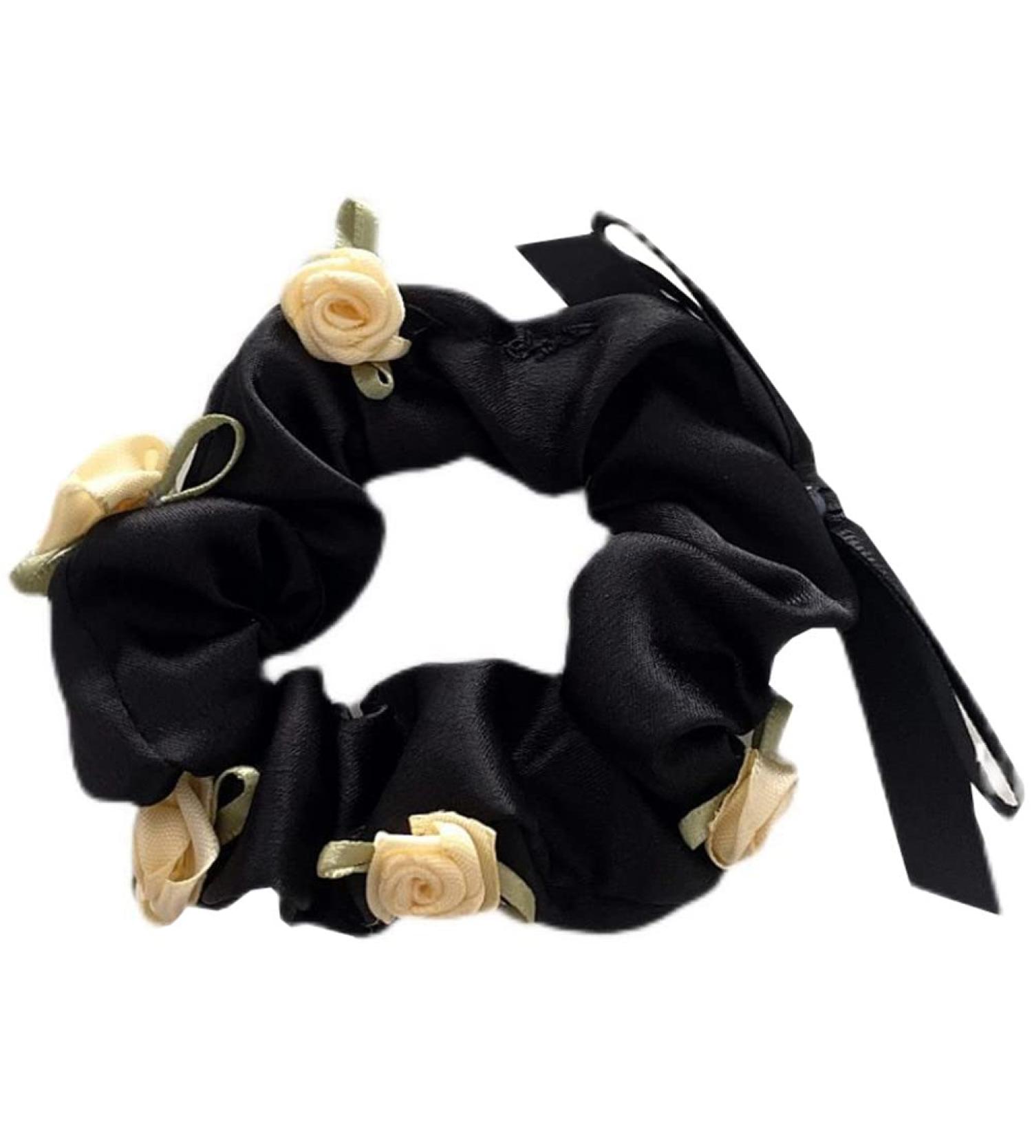 Rose Hair Band Soft Silky Satin Elastic Flower Hair Scrunchies Soft Hair Tie Scrunchy Hair Band Ponytail Women Girls Lady Children Hair Accessories (black) - Buy Online on GoSupps.com