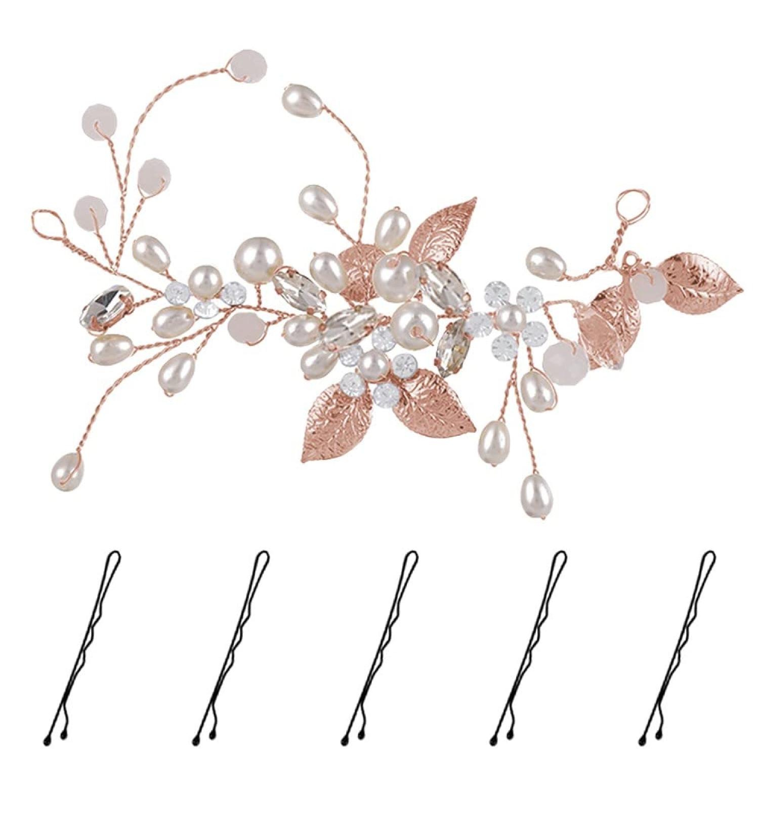 KINDOYO Bride Hair Headbands Accessories - Wedding Flower Headband Bridal Bridesmaid Hair Pieces Hair Clip Pearl Rhinestone Hair Vine for Women and Girls - Rose Gold - Buy Online on GoSupps.com