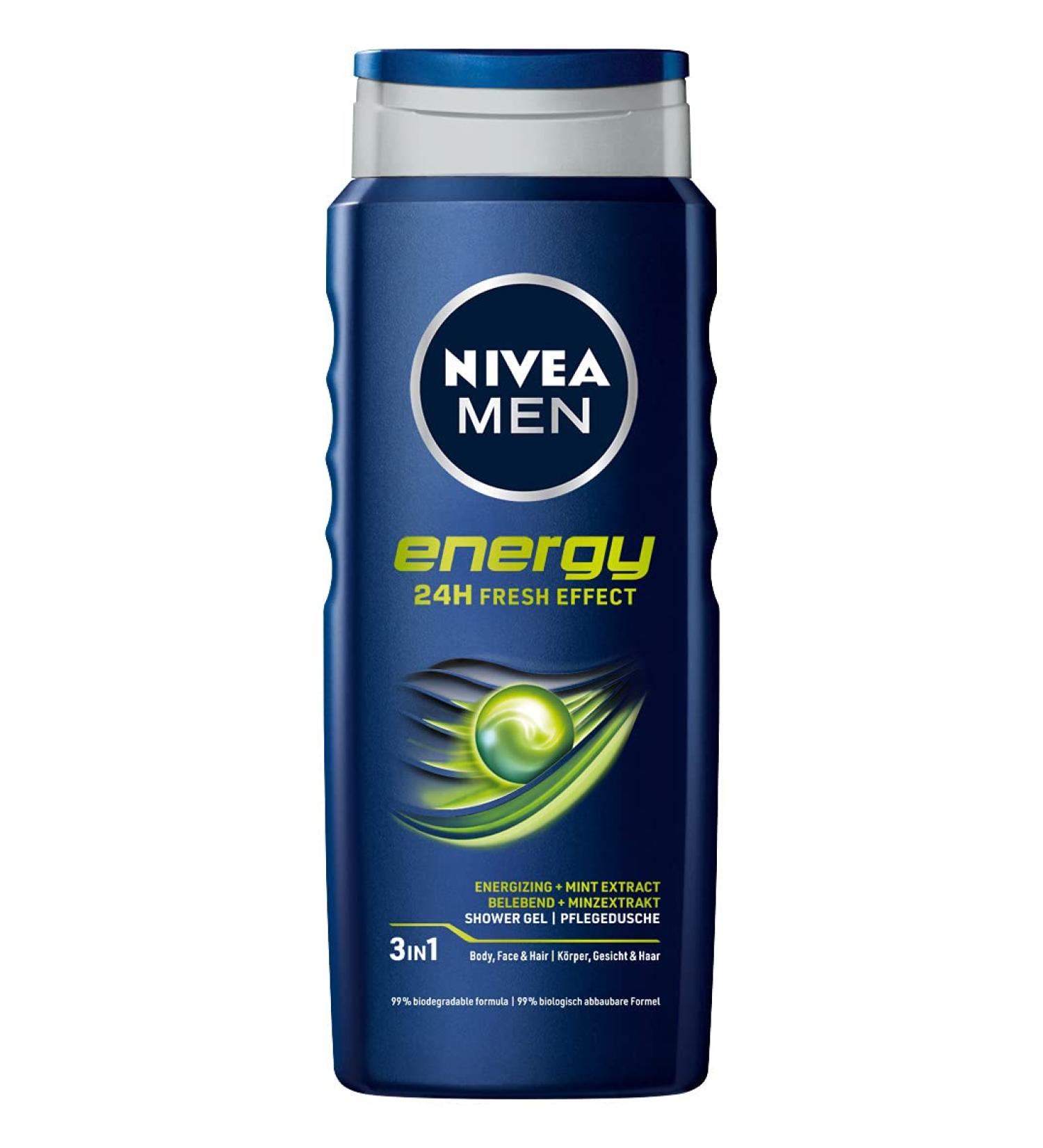 NIVEA NIVEA MEN Energy Care Shower Gel 500ml - Revitalising & Nourishing Mint Extract - Cooling Shower Gel for Active Men