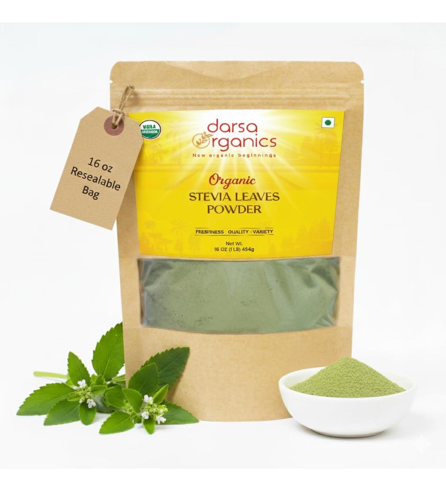Darsa Organics Pure Stevia Powder 16 oz - Smooth Natural Sweetness with Reduced Bitter Aftertaste, USDA Organic Stevia Extract for Baking & Beverages, Zero Calorie Sugar Substitute, No Additives, Vegan - Buy Online on GoSupps.com