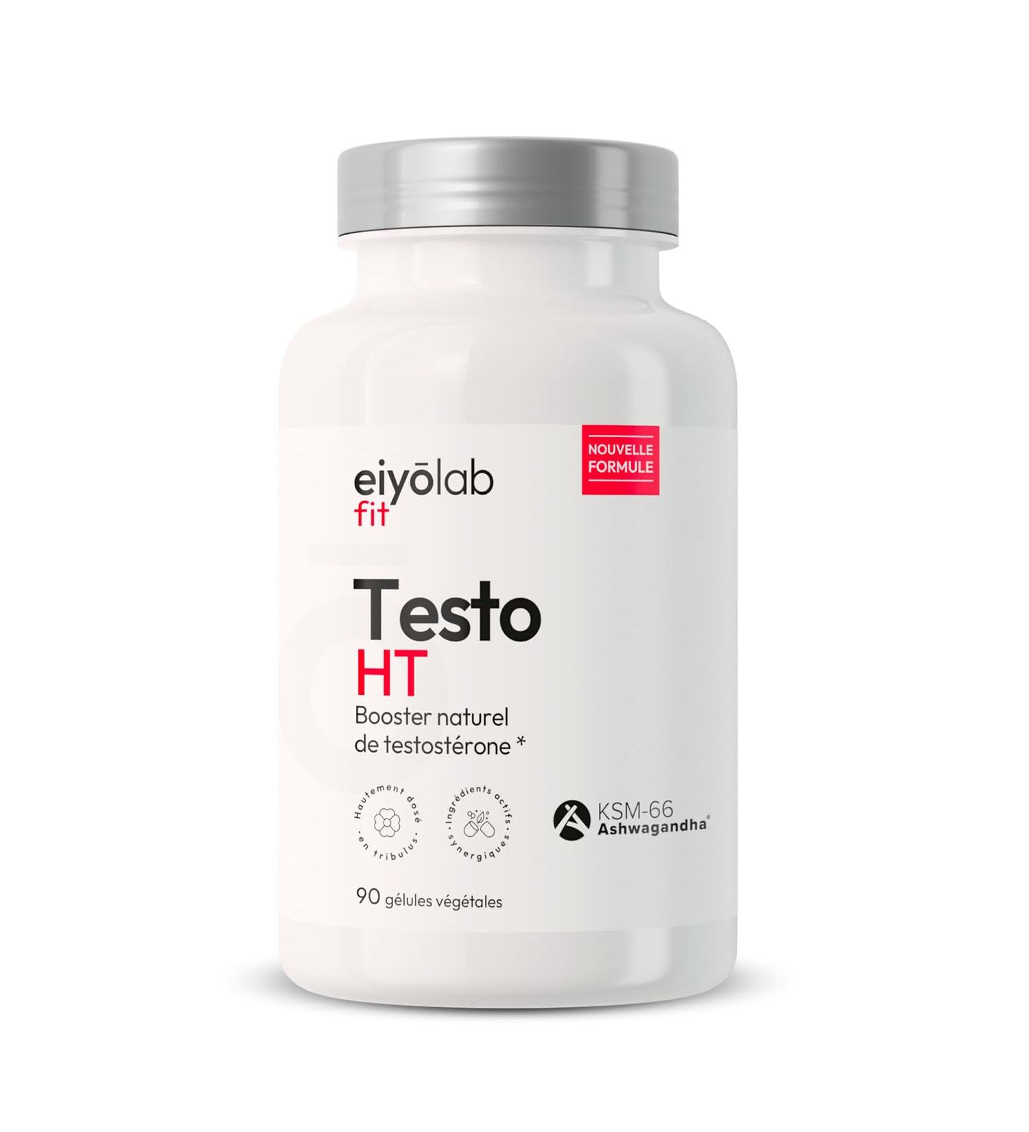 TESTO HT | Maca + Tribulus + Ashwagandha + Zinc | High Dosage for Maximum Efficiency | Natural Testosterone Booster | Power and Endurance for Men | 90 Capsules | Made in France | Eiyolab - Buy Online on GoSupps.com