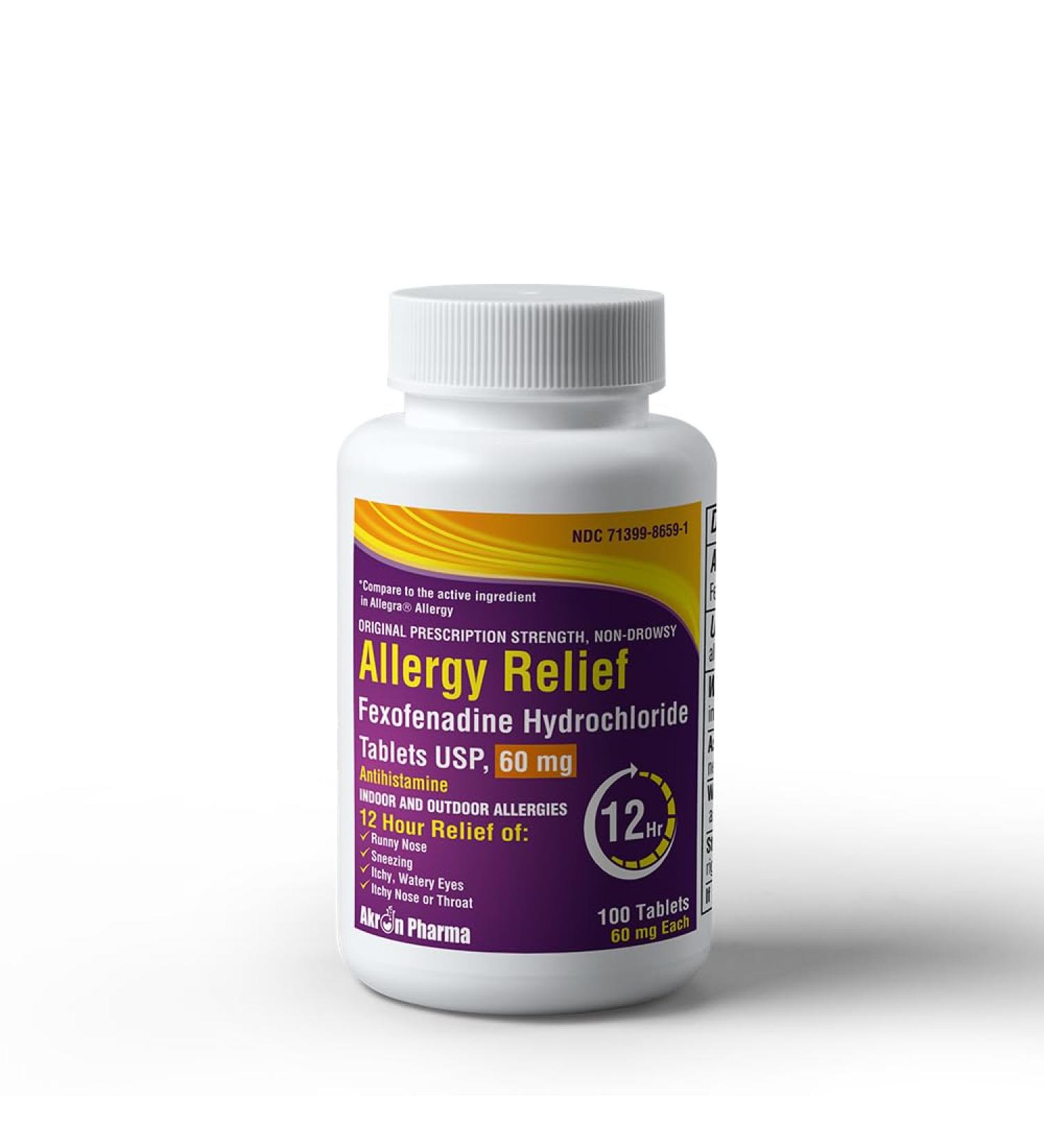 Akron Pharma Allergy Relief Fexofenadine Hydrochloride 60 mg Non-Drowsy Antihistamine Allergy Symptom Relief 100 Tablets - Buy Online on GoSupps.com