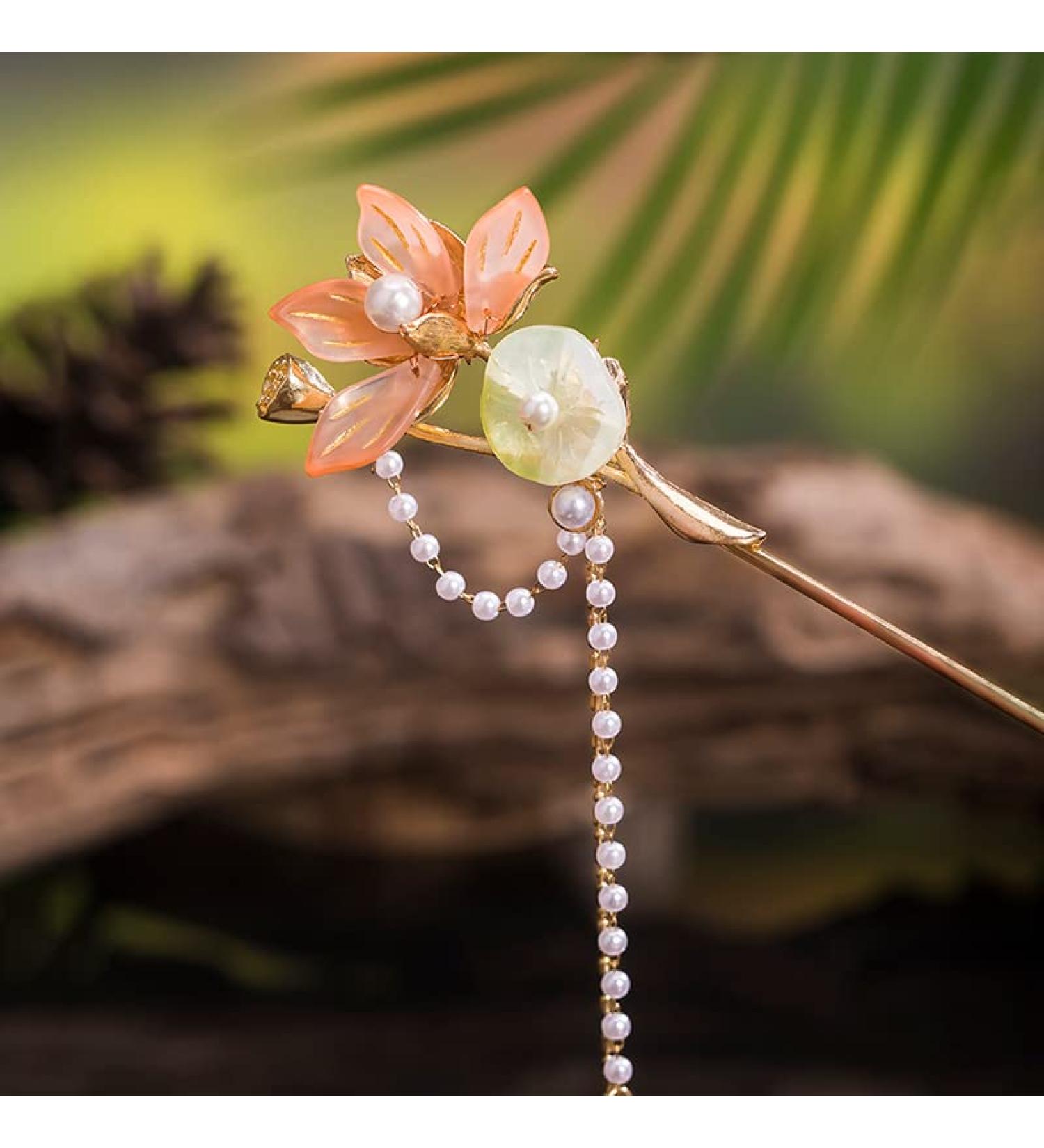 Rabithenn Camellia Flower Pearl Tassels Chinese Hanfu and Style Hair Retro Flower with Metal Handmade Hair Clip Hair Accessories for Women Girls Long Hair (lotus seedpod) - Buy Online on GoSupps.com